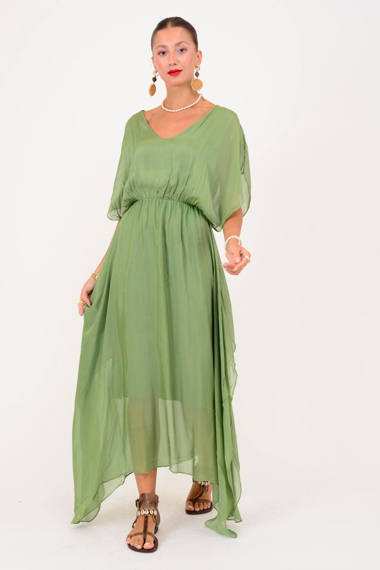 6108 BELİ BÜZGÜLÜ ASİMETRİK İPEK ELBİSE