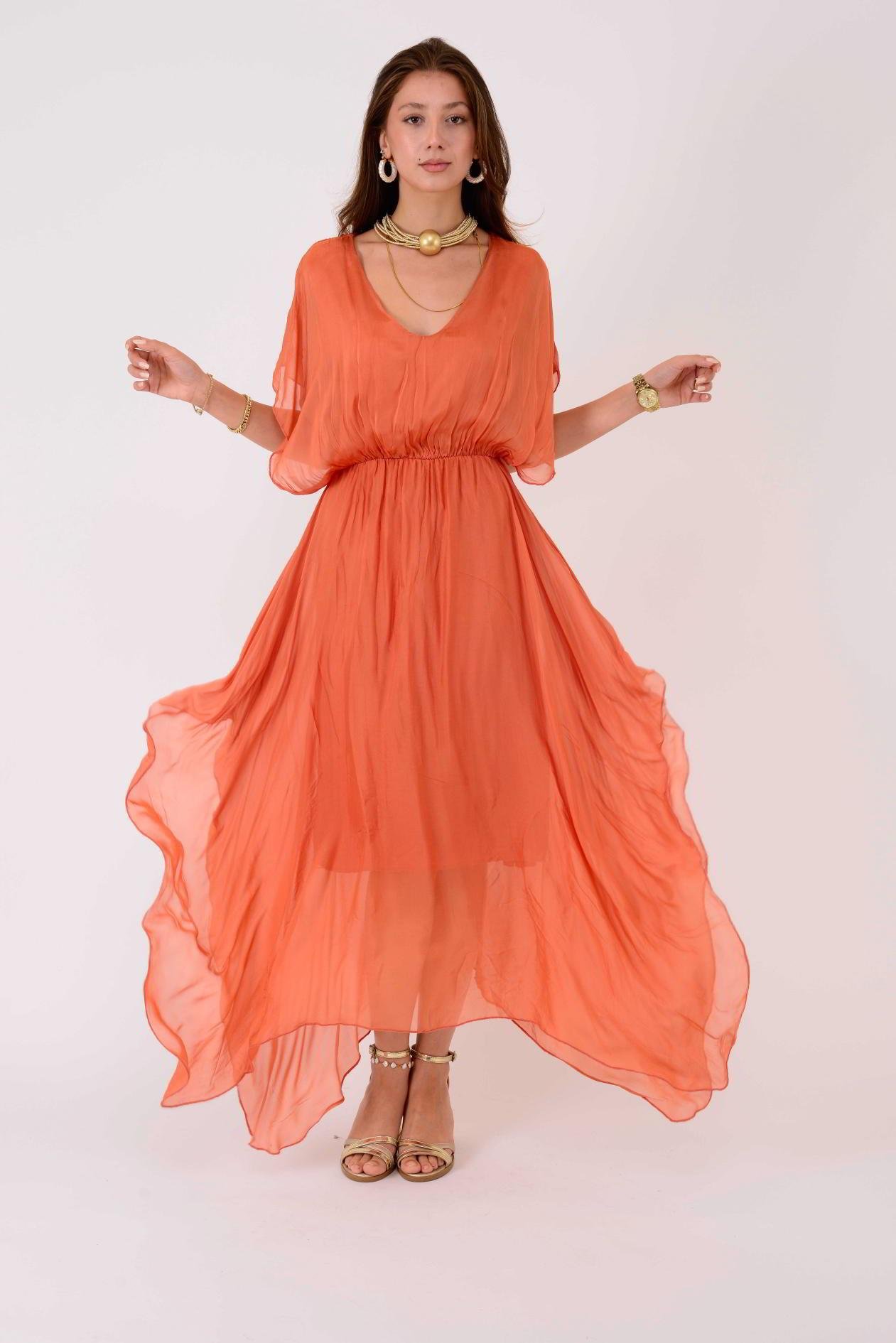 6108 BELİ BÜZGÜLÜ ASİMETRİK İPEK ELBİSE