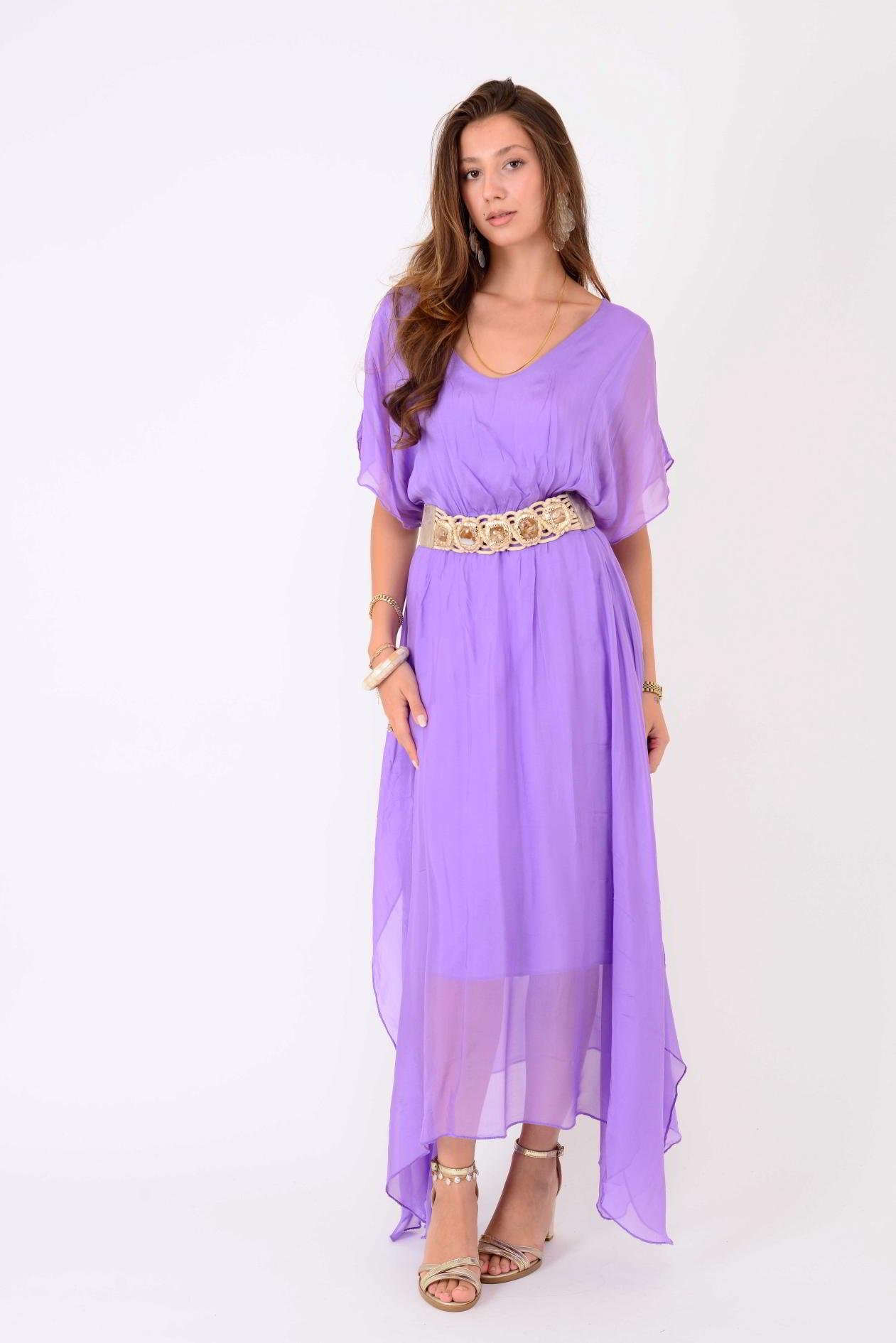 6108 BELİ BÜZGÜLÜ ASİMETRİK İPEK ELBİSE