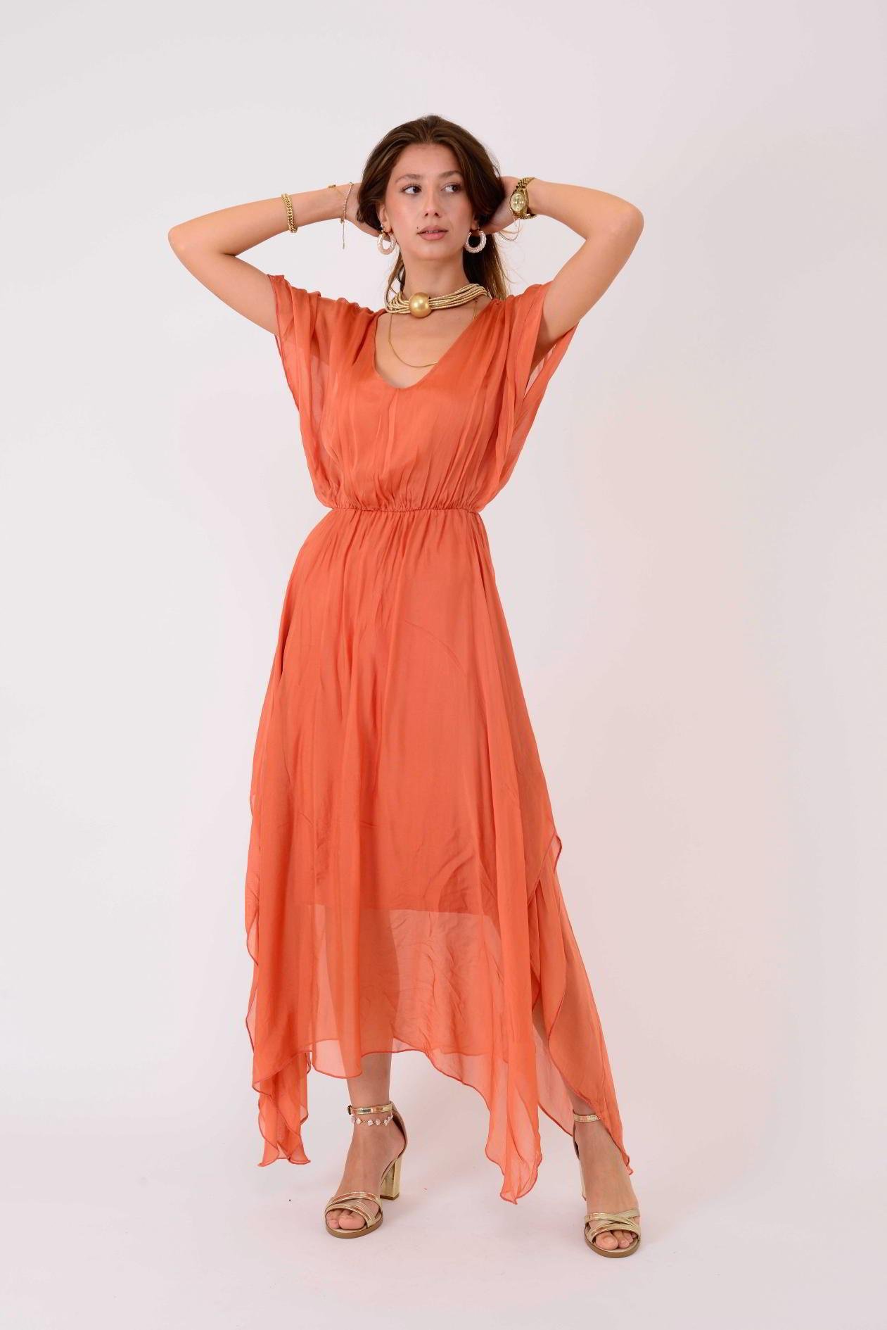 6108 BELİ BÜZGÜLÜ ASİMETRİK İPEK ELBİSE