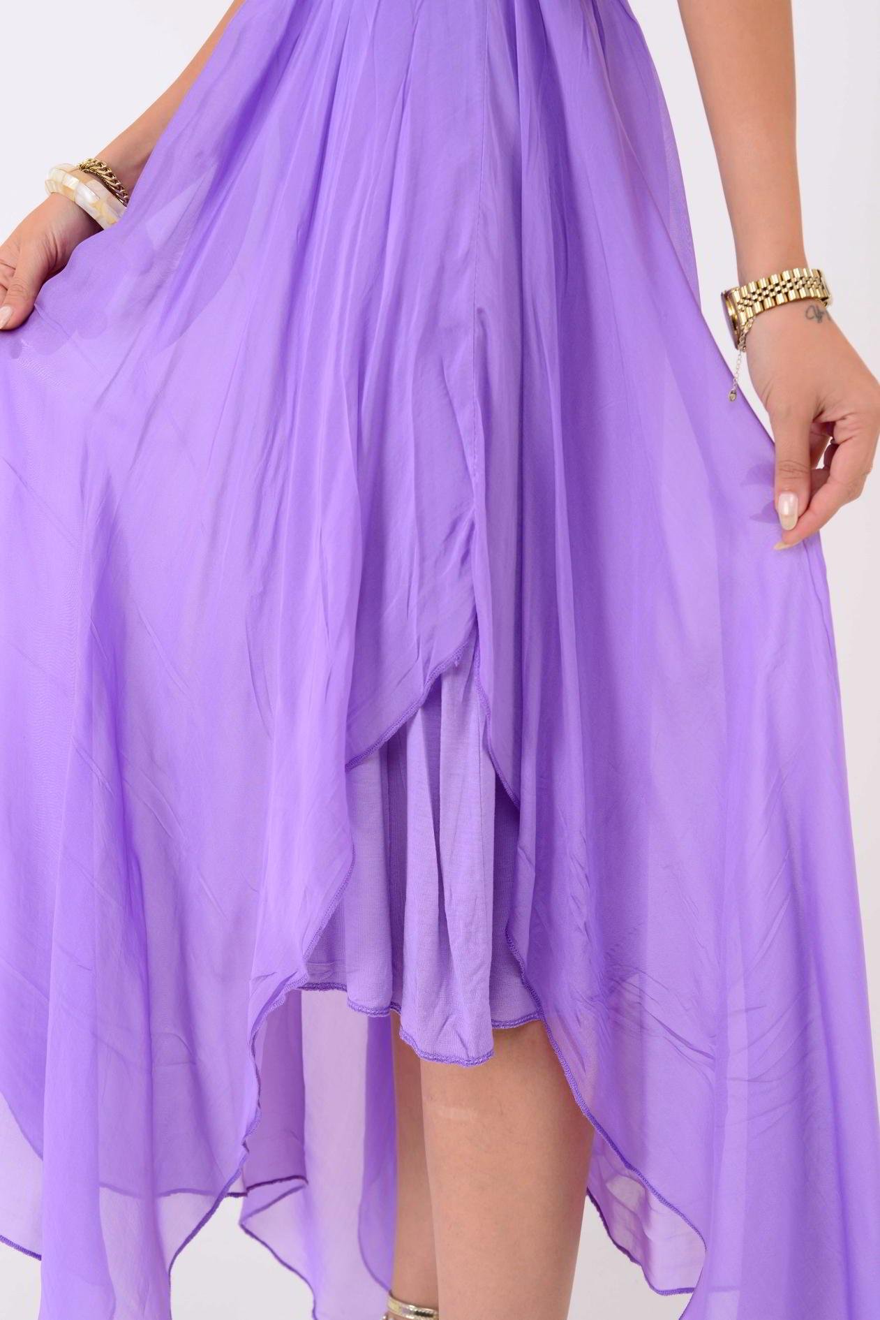 6108 BELİ BÜZGÜLÜ ASİMETRİK İPEK ELBİSE