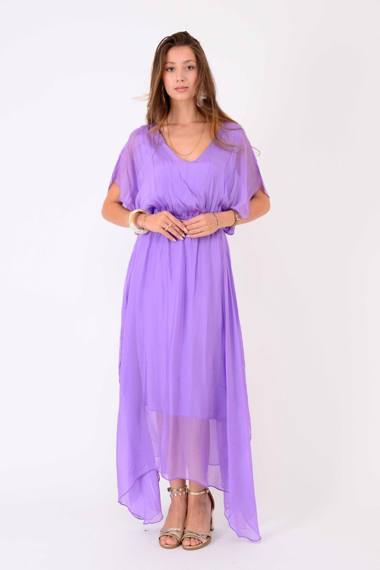 6108 BELİ BÜZGÜLÜ ASİMETRİK İPEK ELBİSE