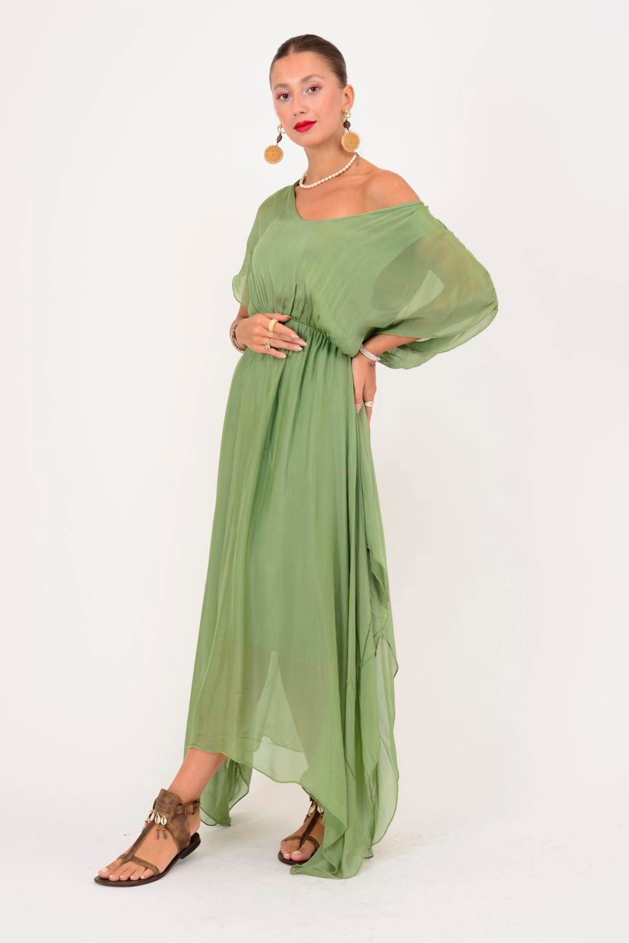 6108 BELİ BÜZGÜLÜ ASİMETRİK İPEK ELBİSE