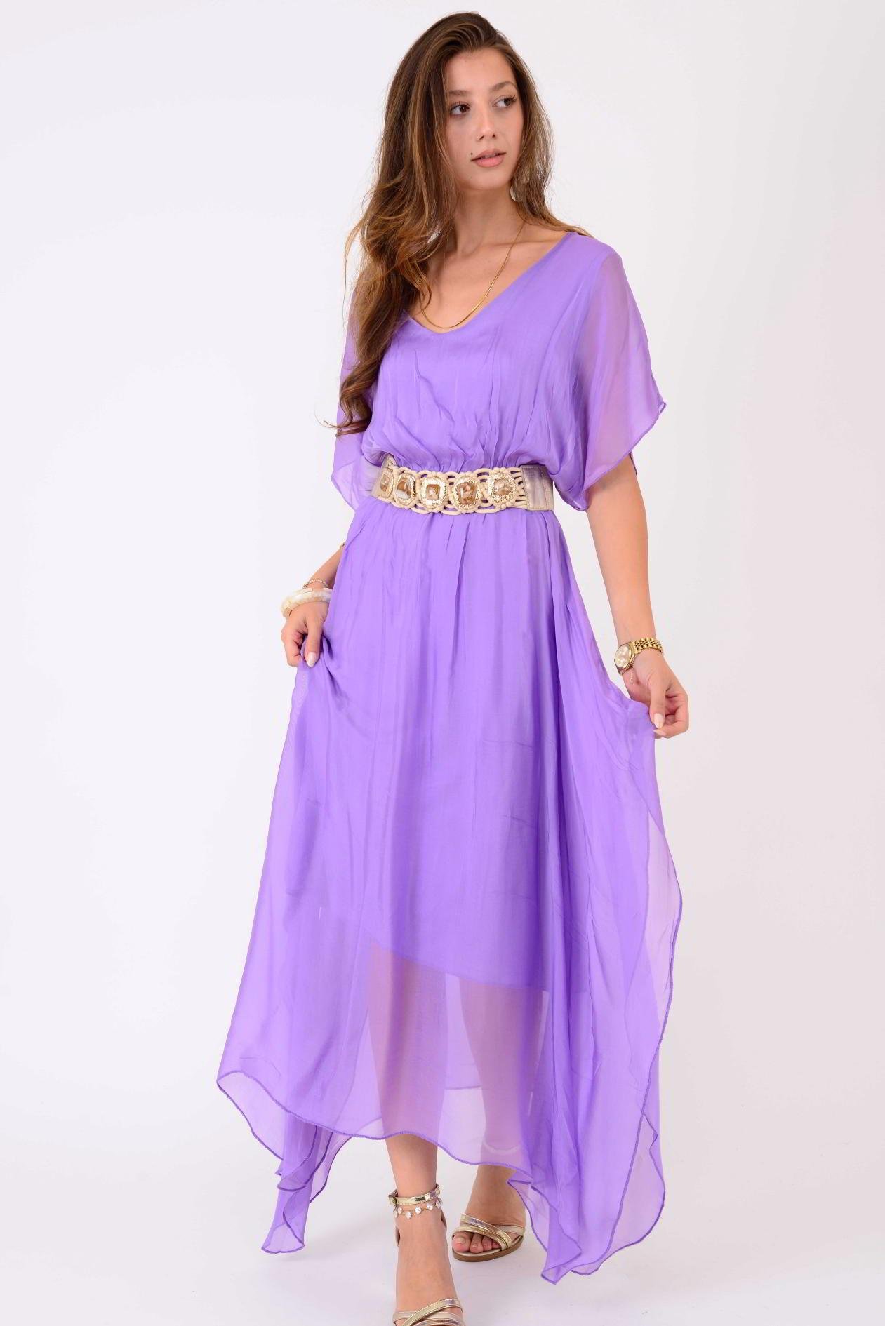 6108 BELİ BÜZGÜLÜ ASİMETRİK İPEK ELBİSE