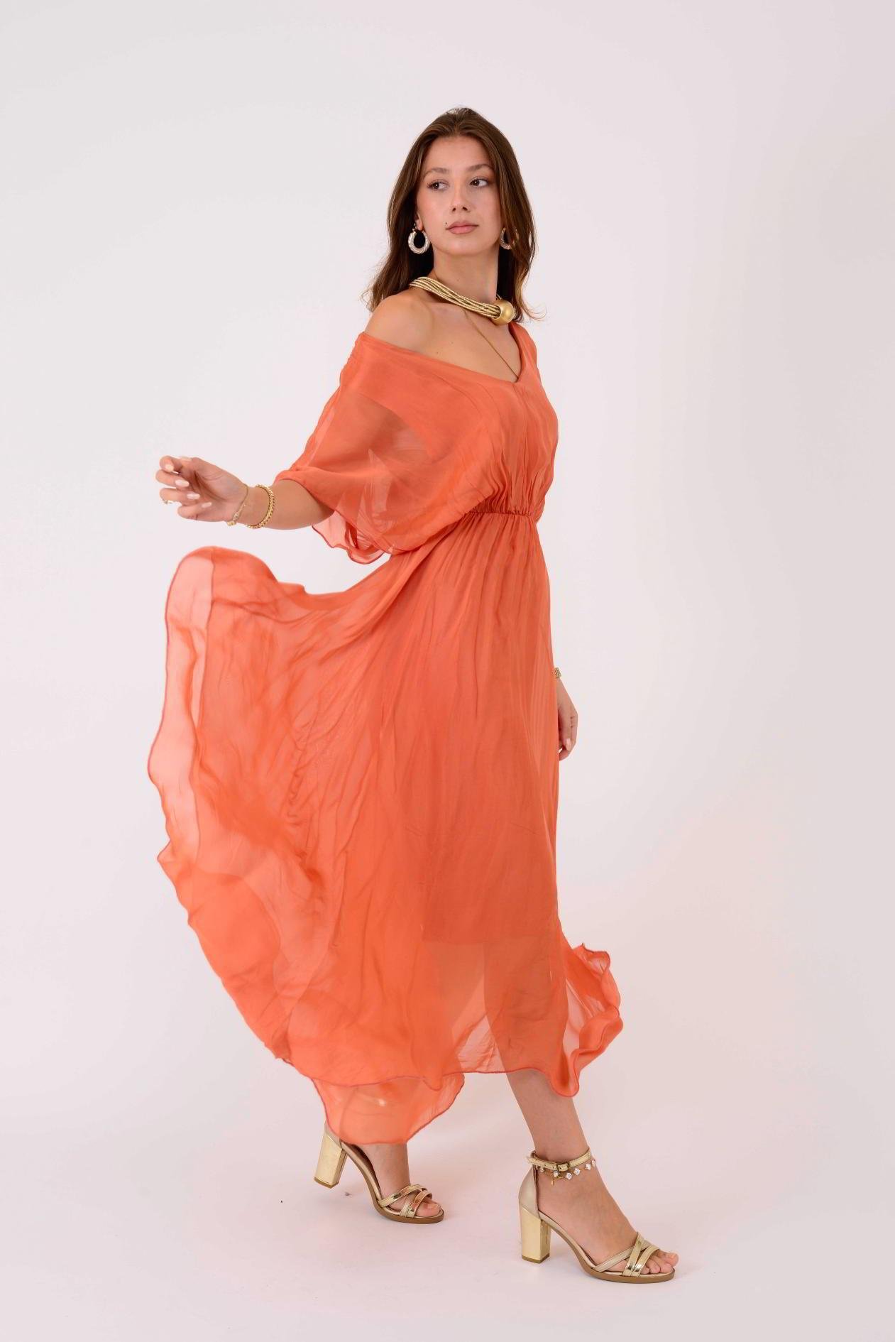 6108 BELİ BÜZGÜLÜ ASİMETRİK İPEK ELBİSE