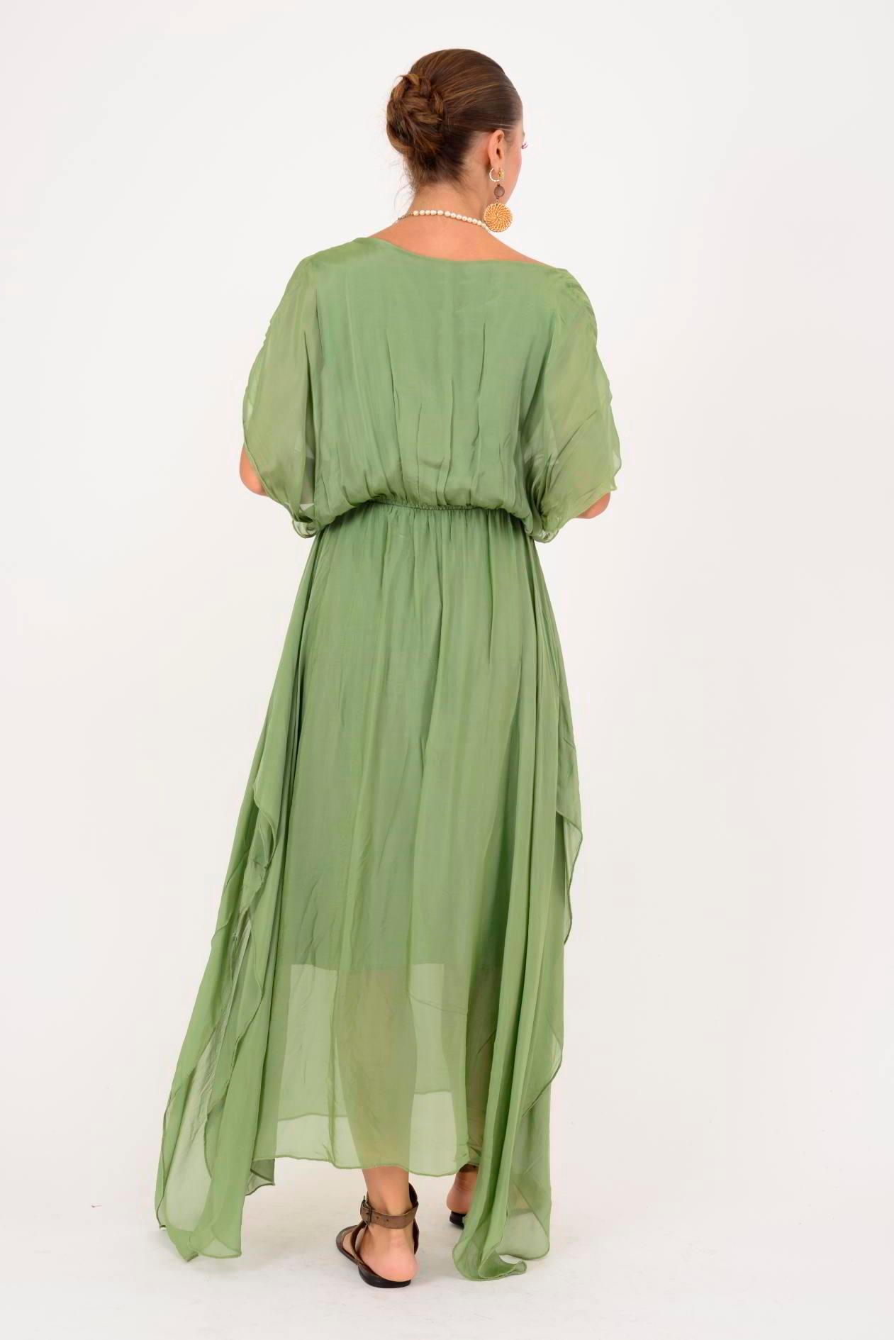 6108 BELİ BÜZGÜLÜ ASİMETRİK İPEK ELBİSE