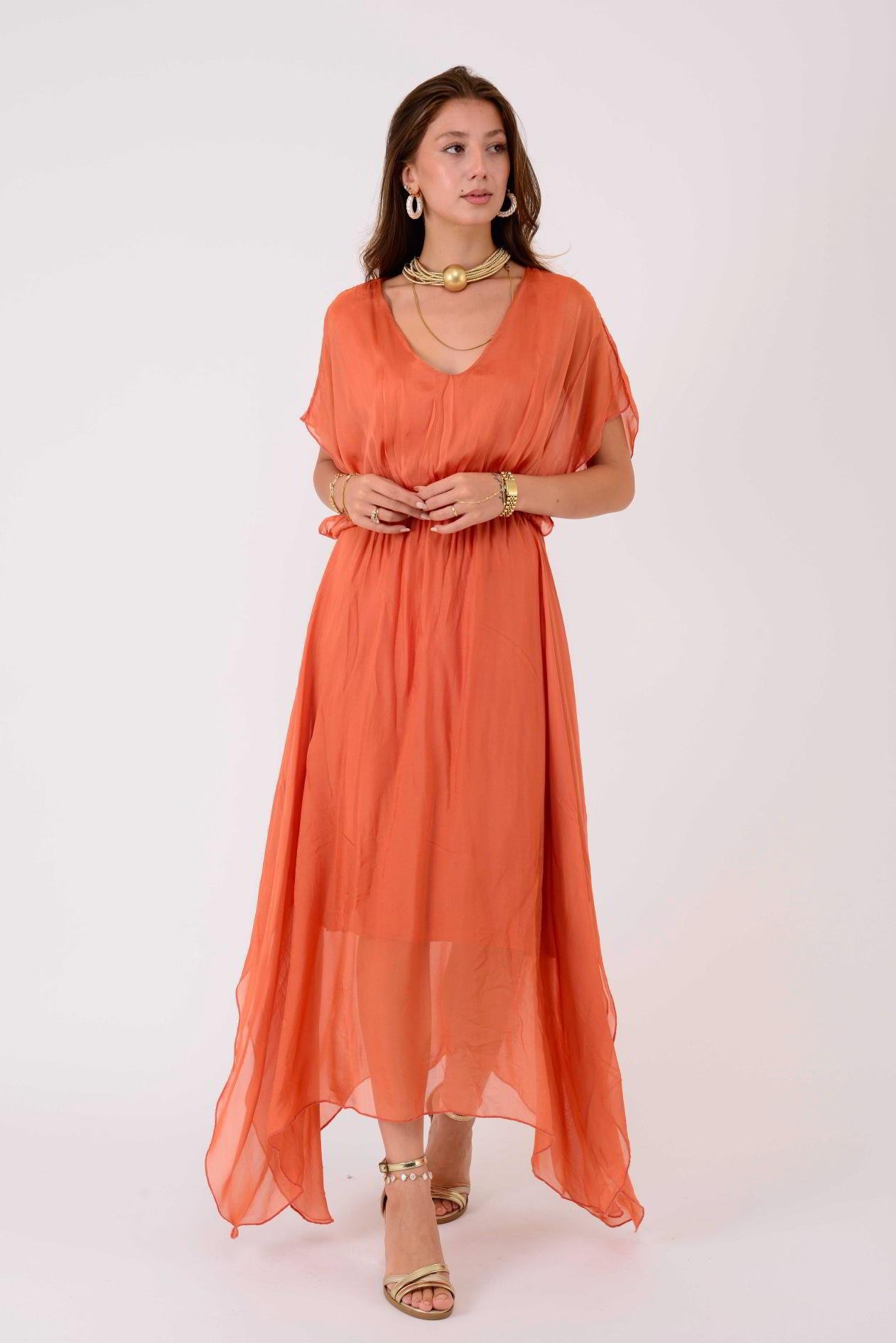 6108 BELİ BÜZGÜLÜ ASİMETRİK İPEK ELBİSE