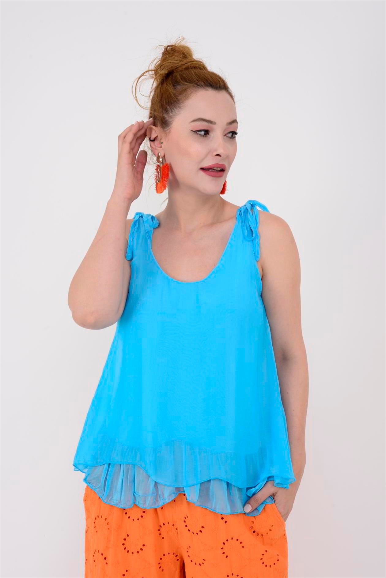 61813 OMUZDAN BAĞLAMALI ASKILI İPEK BLUZ
