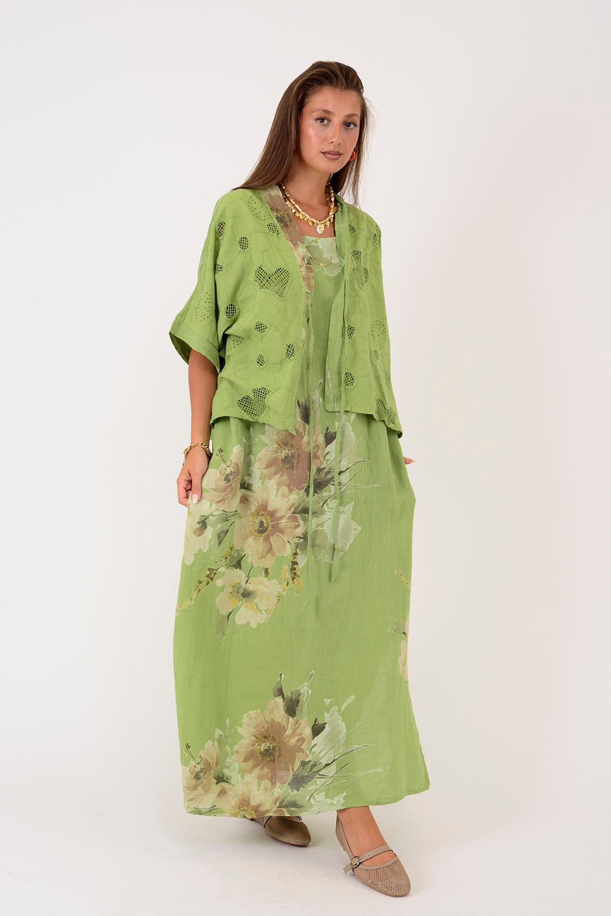 62189 BUKET DESEN BOLERO DETAYLI 2'Lİ KETEN TAKIM