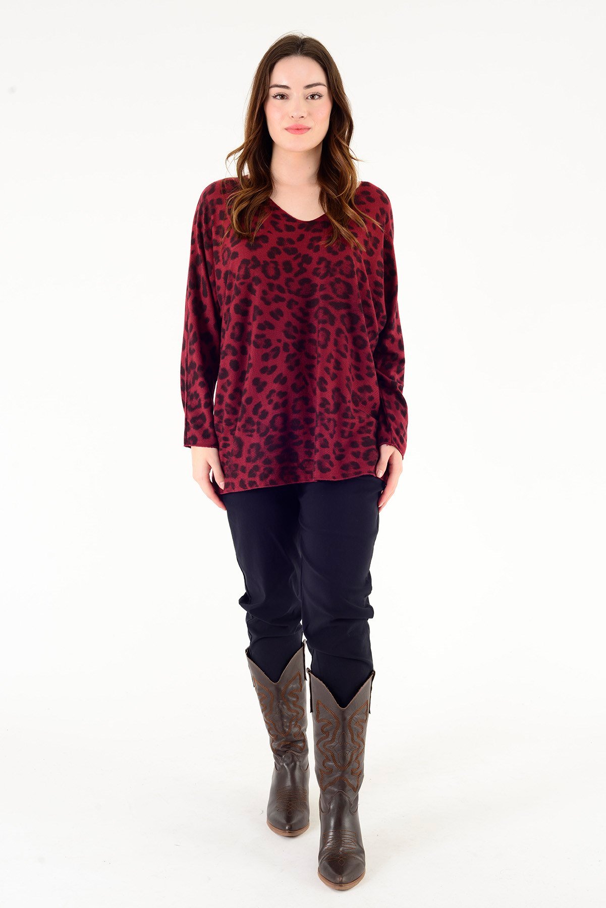 6266 LEOPAR DESEN V YAKA BLUZ