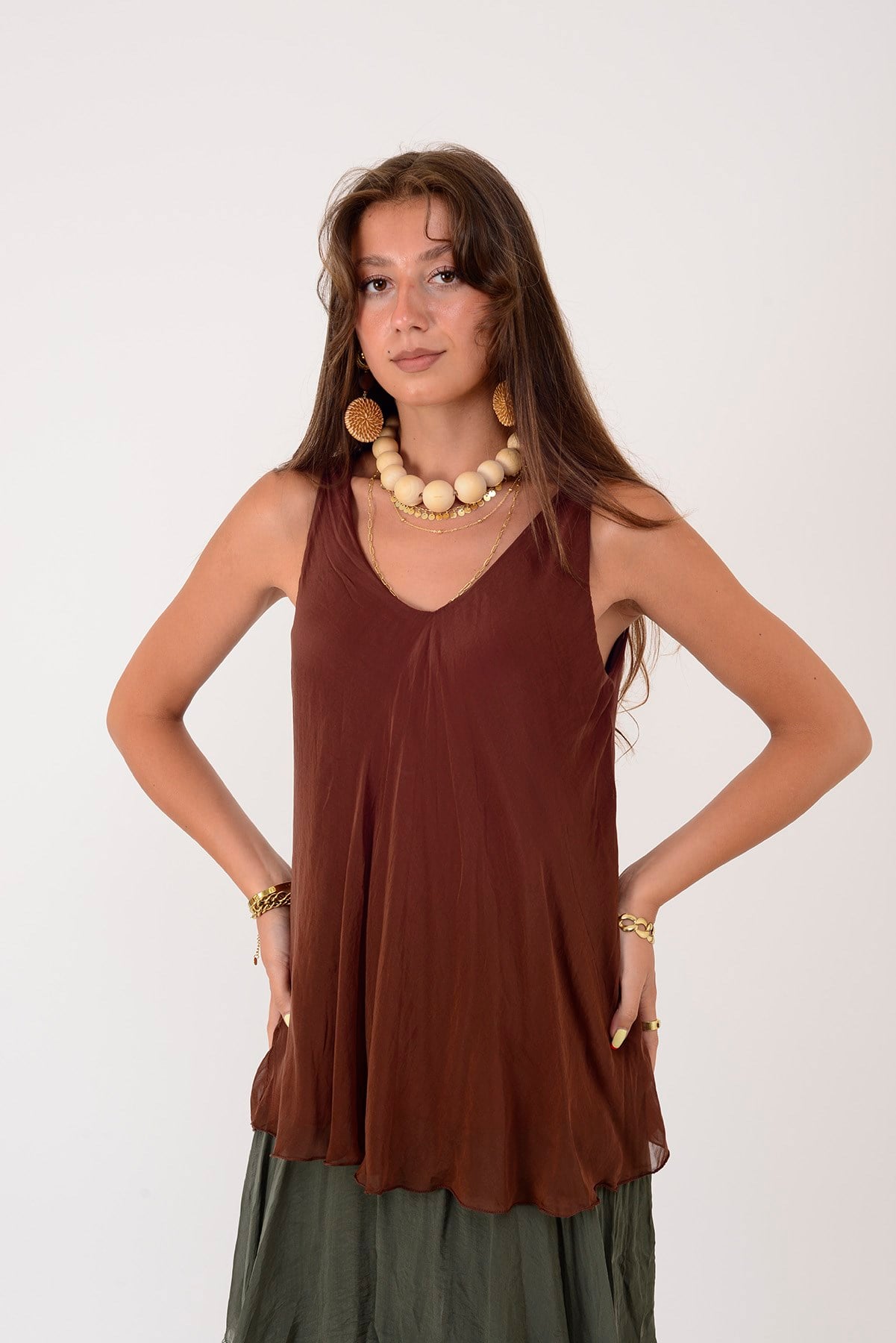 64274 V YAKA KOLSUZ İPEK BLUZ