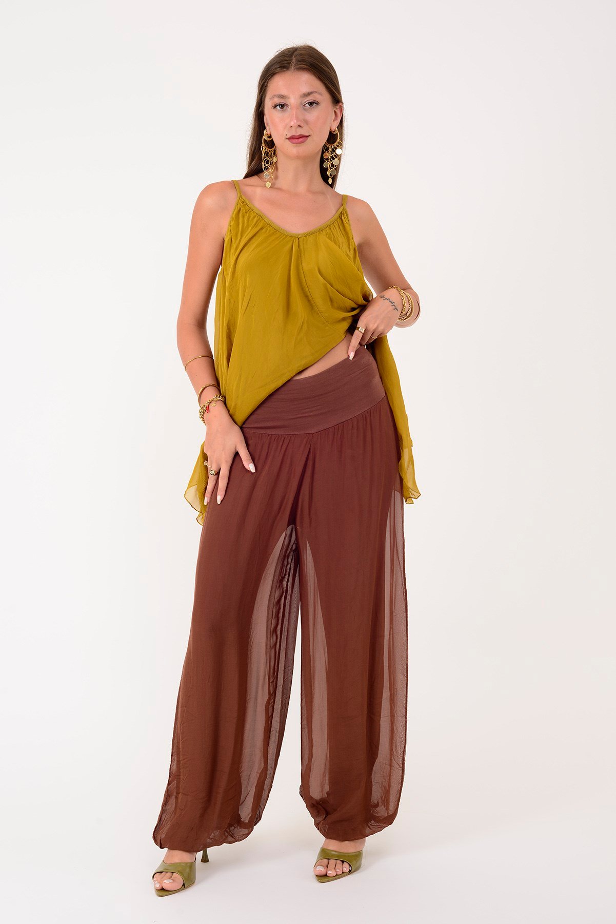 64952 BELİ KALIN LASTİKLİ İPEK PANTOLON