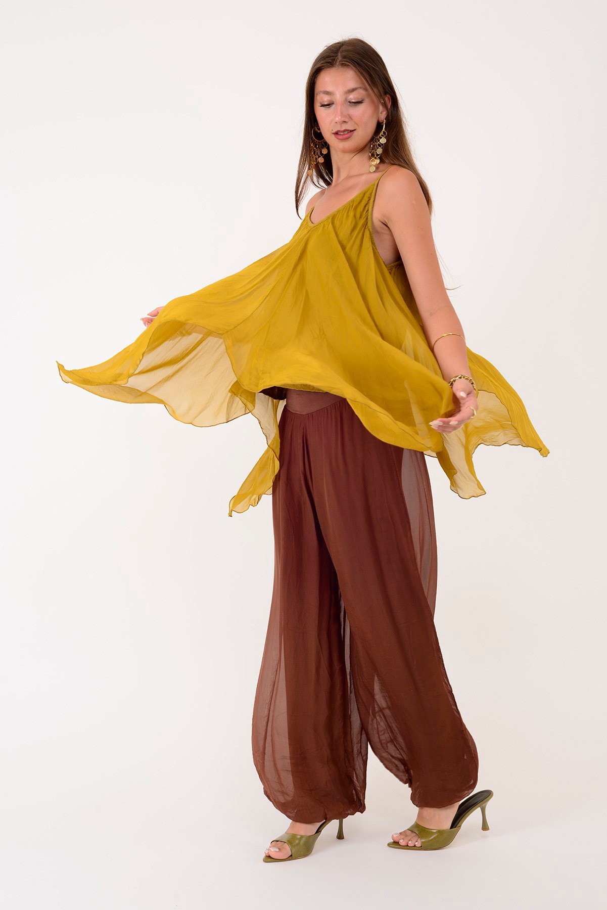 64952 BELİ KALIN LASTİKLİ İPEK PANTOLON