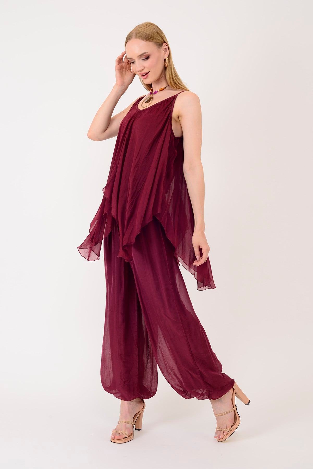 64952 BELİ KALIN LASTİKLİ İPEK PANTOLON