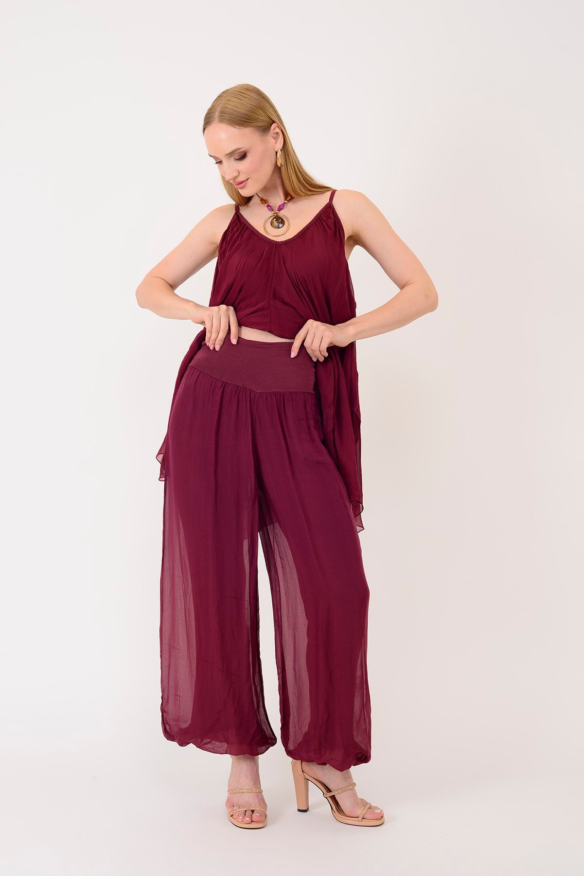 64952 BELİ KALIN LASTİKLİ İPEK PANTOLON