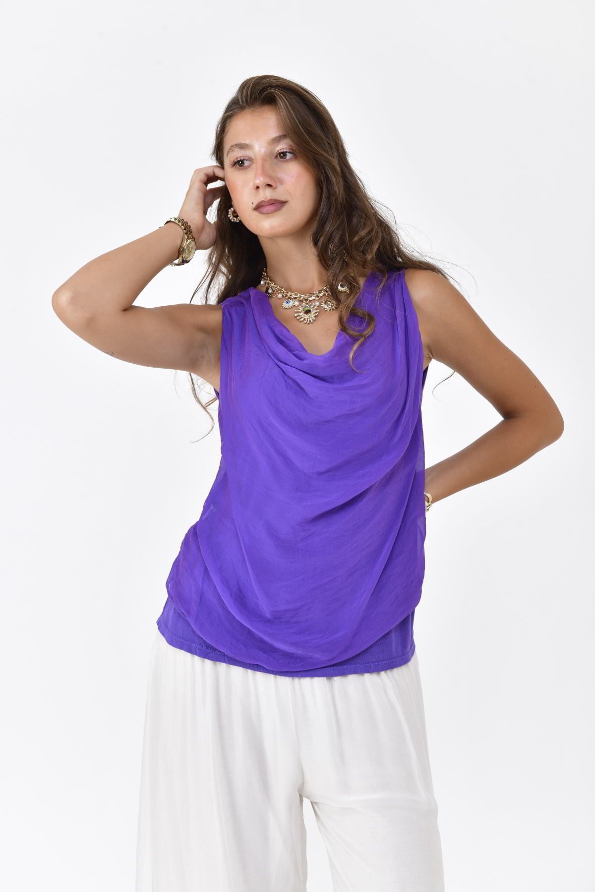 64967 DEGAJE YAKA KOLSUZ İPEK BLUZ