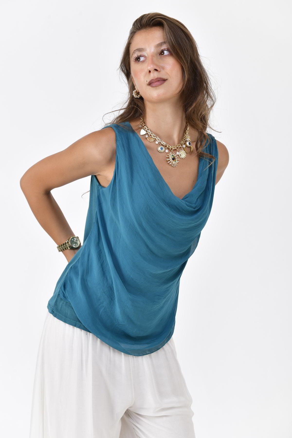 64967 DEGAJE YAKA KOLSUZ İPEK BLUZ