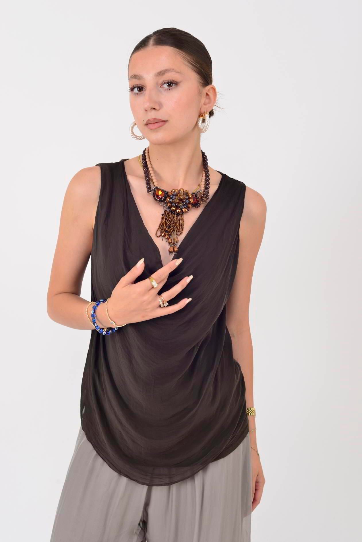 64967 DEGAJE YAKA KOLSUZ İPEK BLUZ