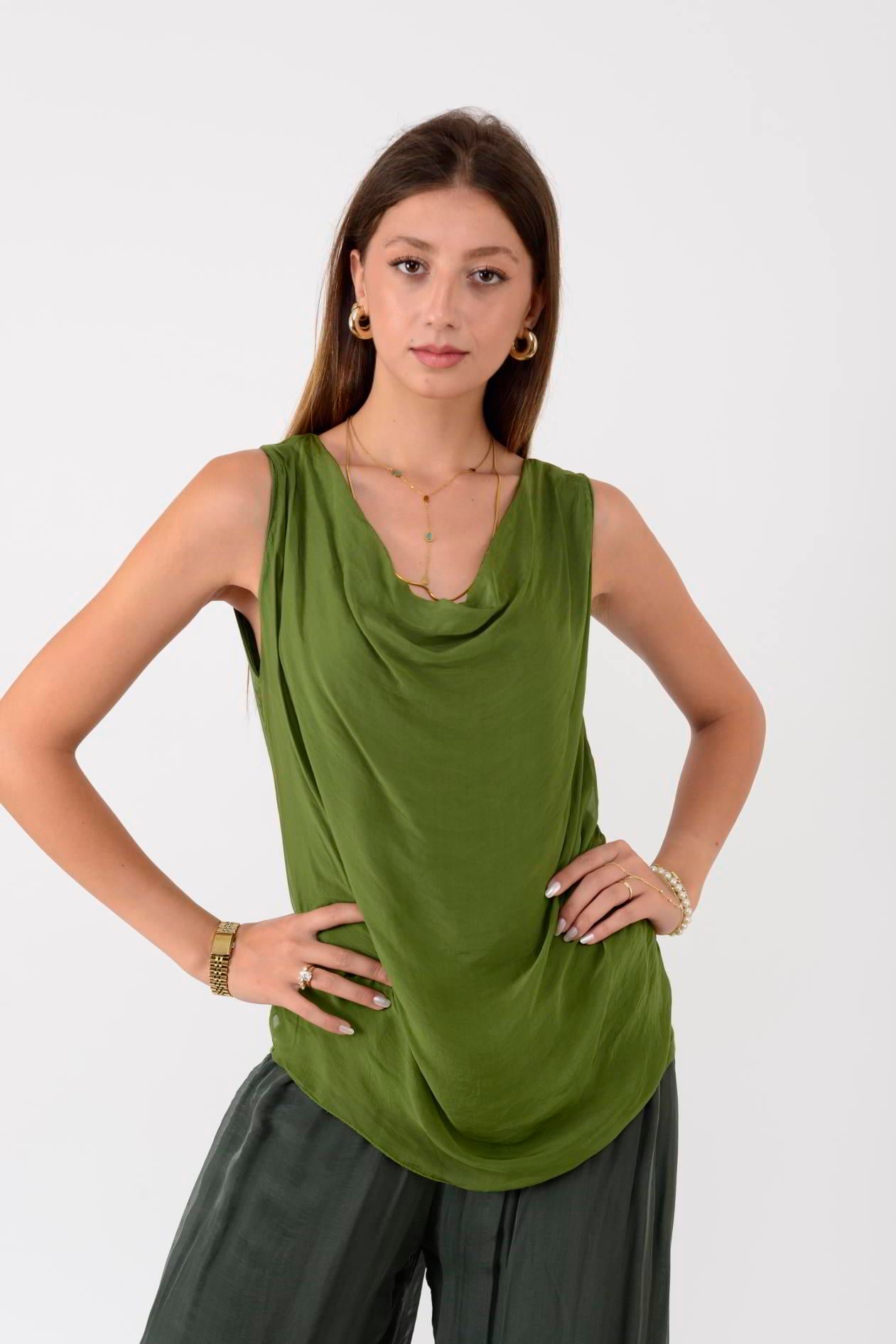 64967 DEGAJE YAKA KOLSUZ İPEK BLUZ