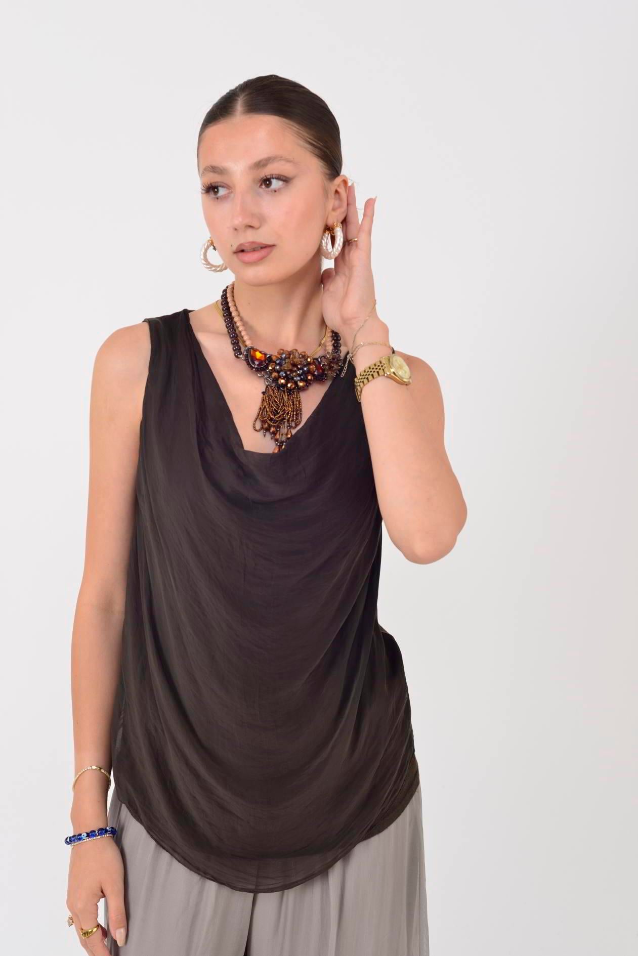 64967 DEGAJE YAKA KOLSUZ İPEK BLUZ