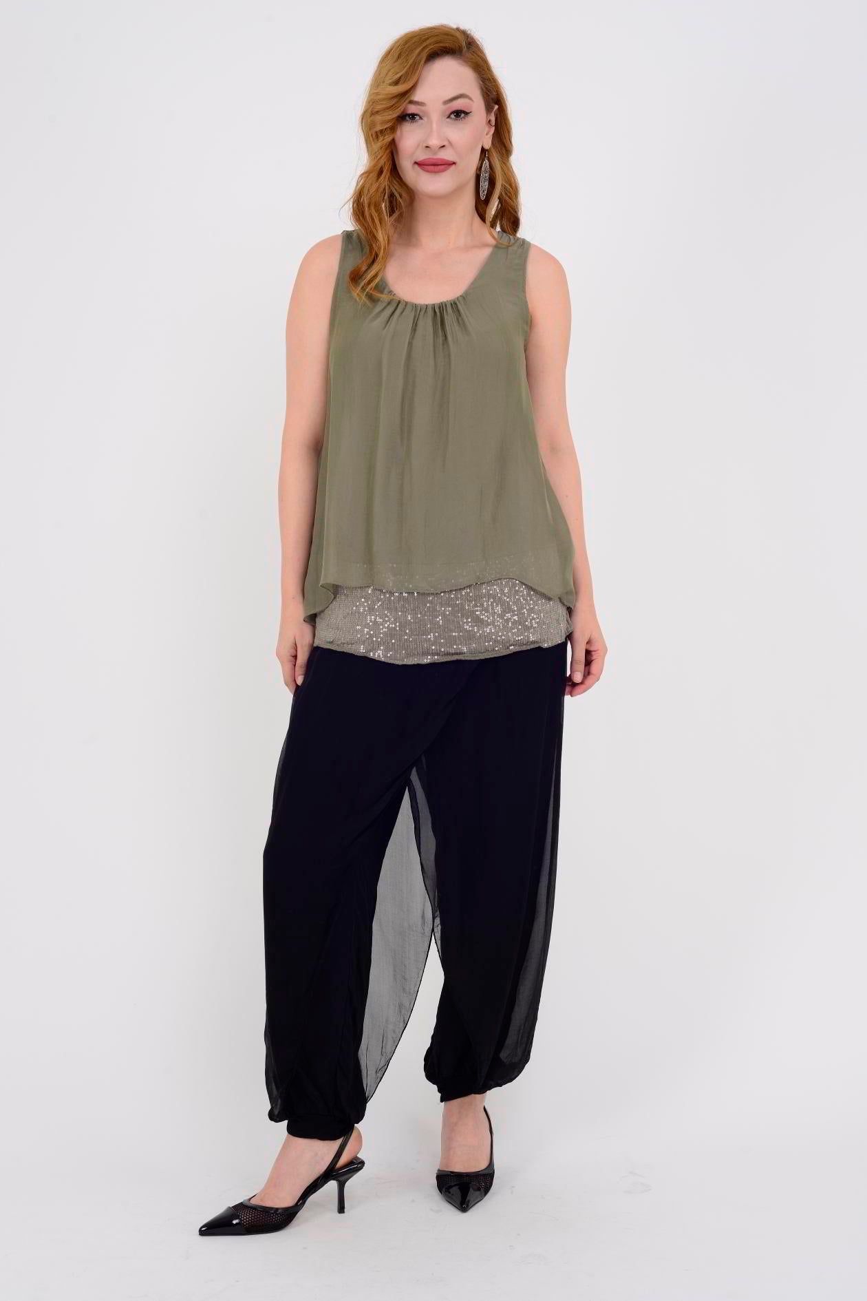 65169 PAYET DETAYLI ASKILI İPEK BLUZ