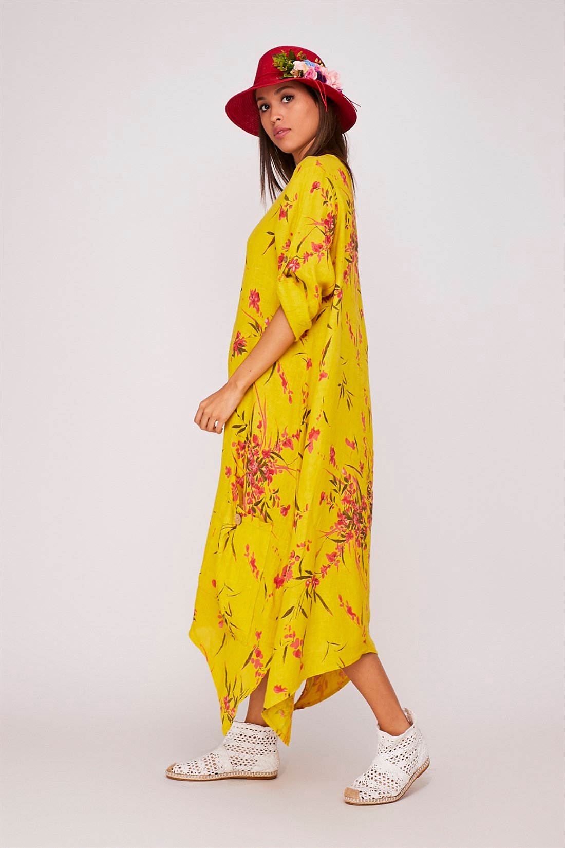 6692 DÜĞME CEPLİ ASİMETRİK KETEN ELBİSE