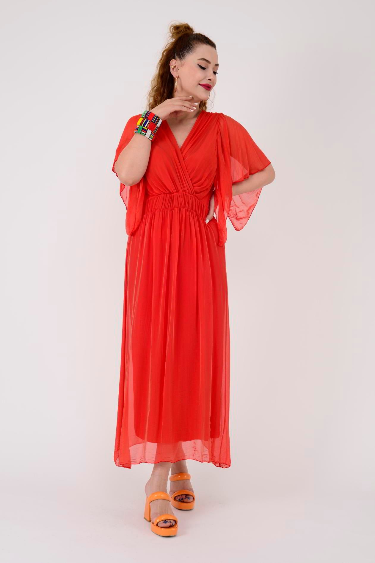 7066 MERIDA KRUVAZE YAKA İPEK ELBİSE