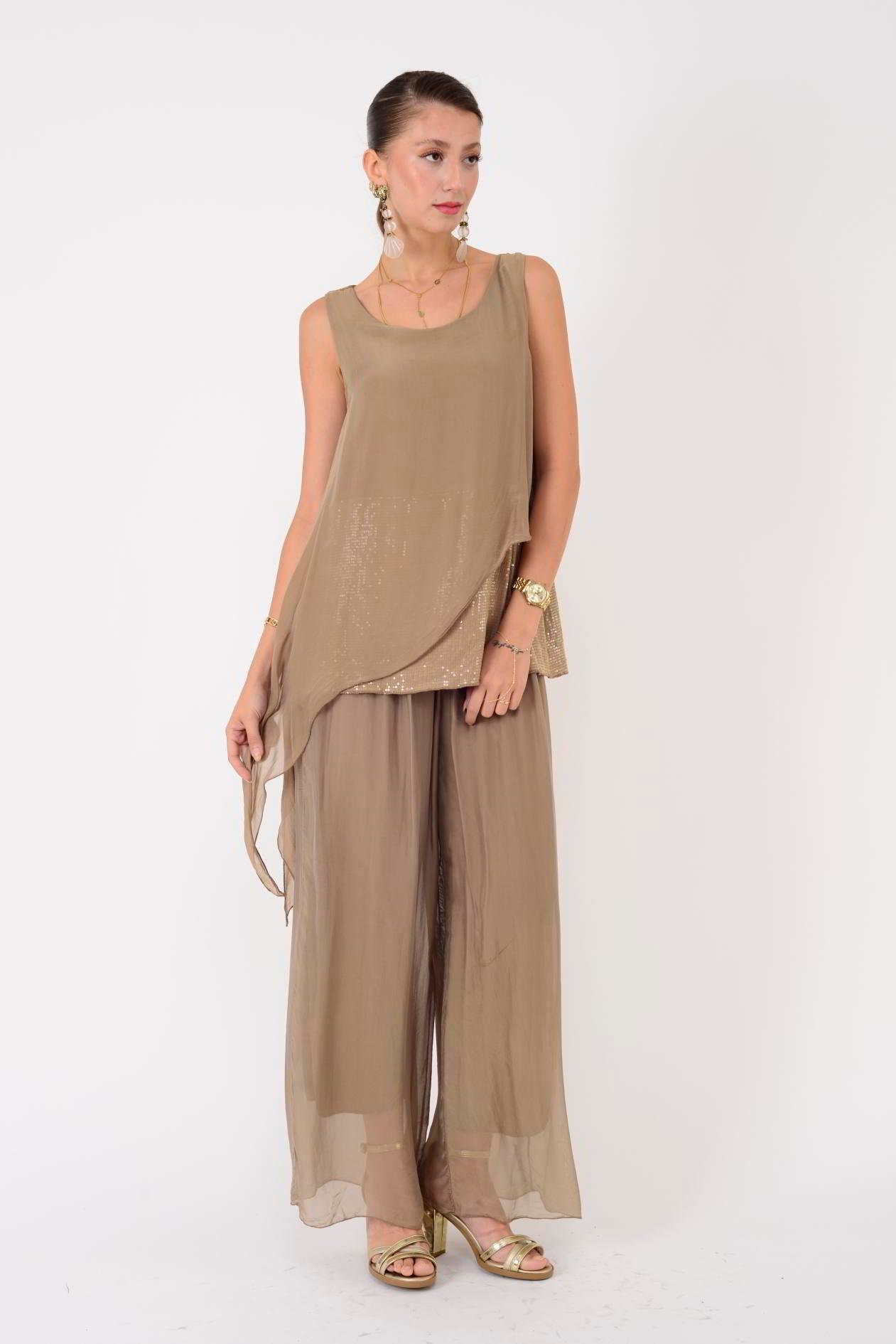 7161 ASİMETRİK KESİM PAYET DETAYLI İPEK BLUZ