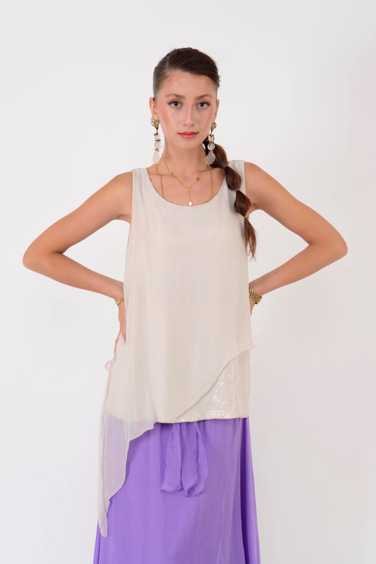 7161 ASİMETRİK KESİM PAYET DETAYLI İPEK BLUZ