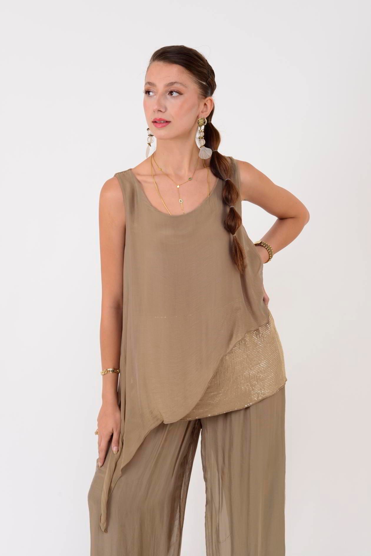 7161 ASİMETRİK KESİM PAYET DETAYLI İPEK BLUZ