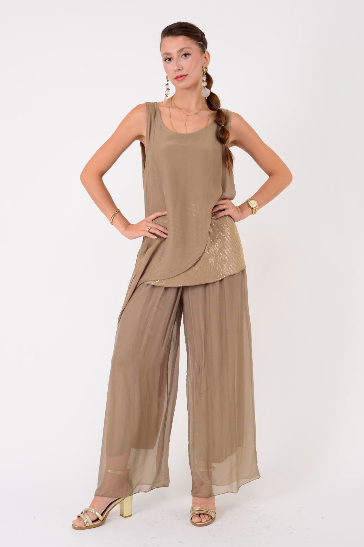 7161 ASİMETRİK KESİM PAYET DETAYLI İPEK BLUZ