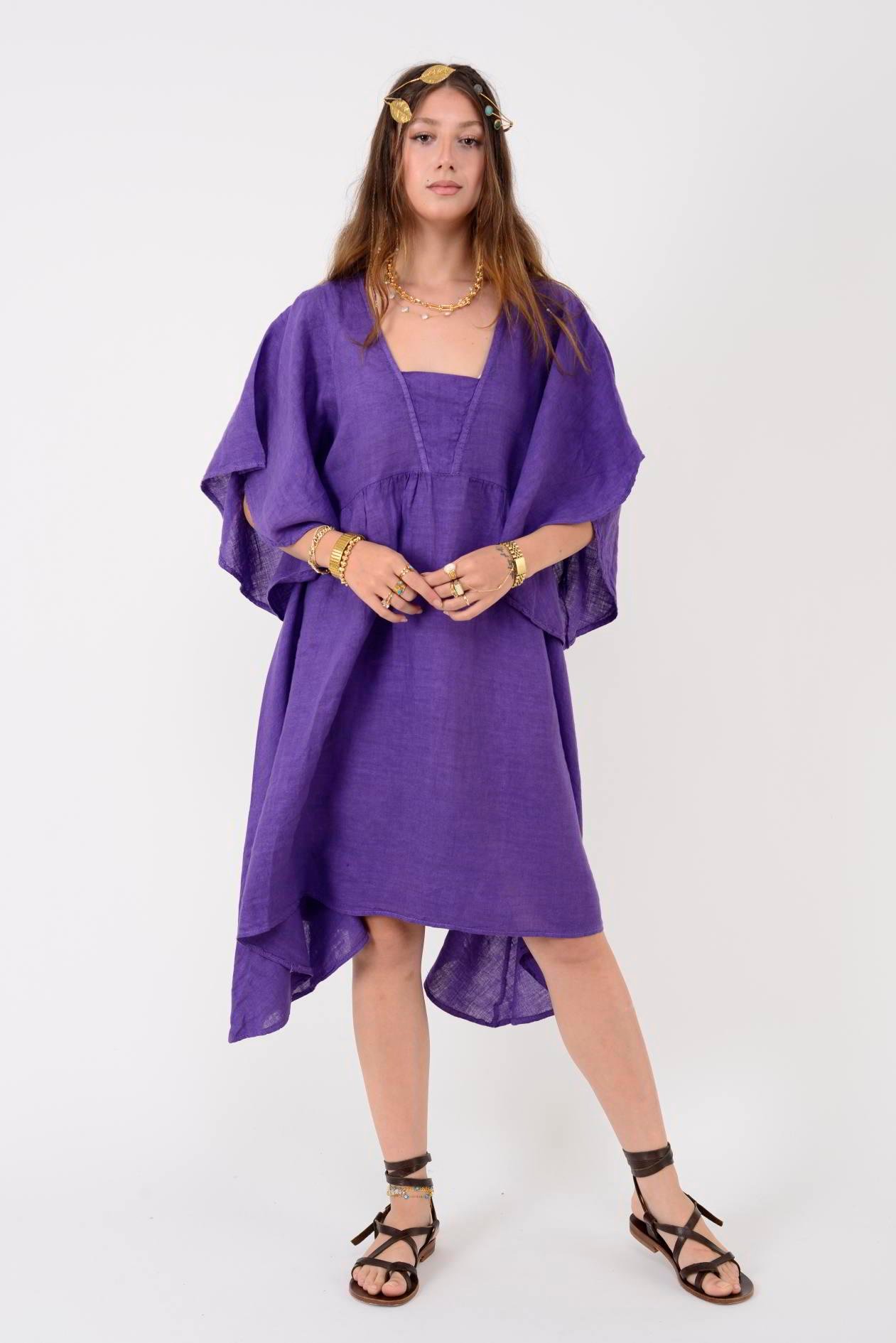 72111 BELLA ASİMETRİK KETEN ELBİSE