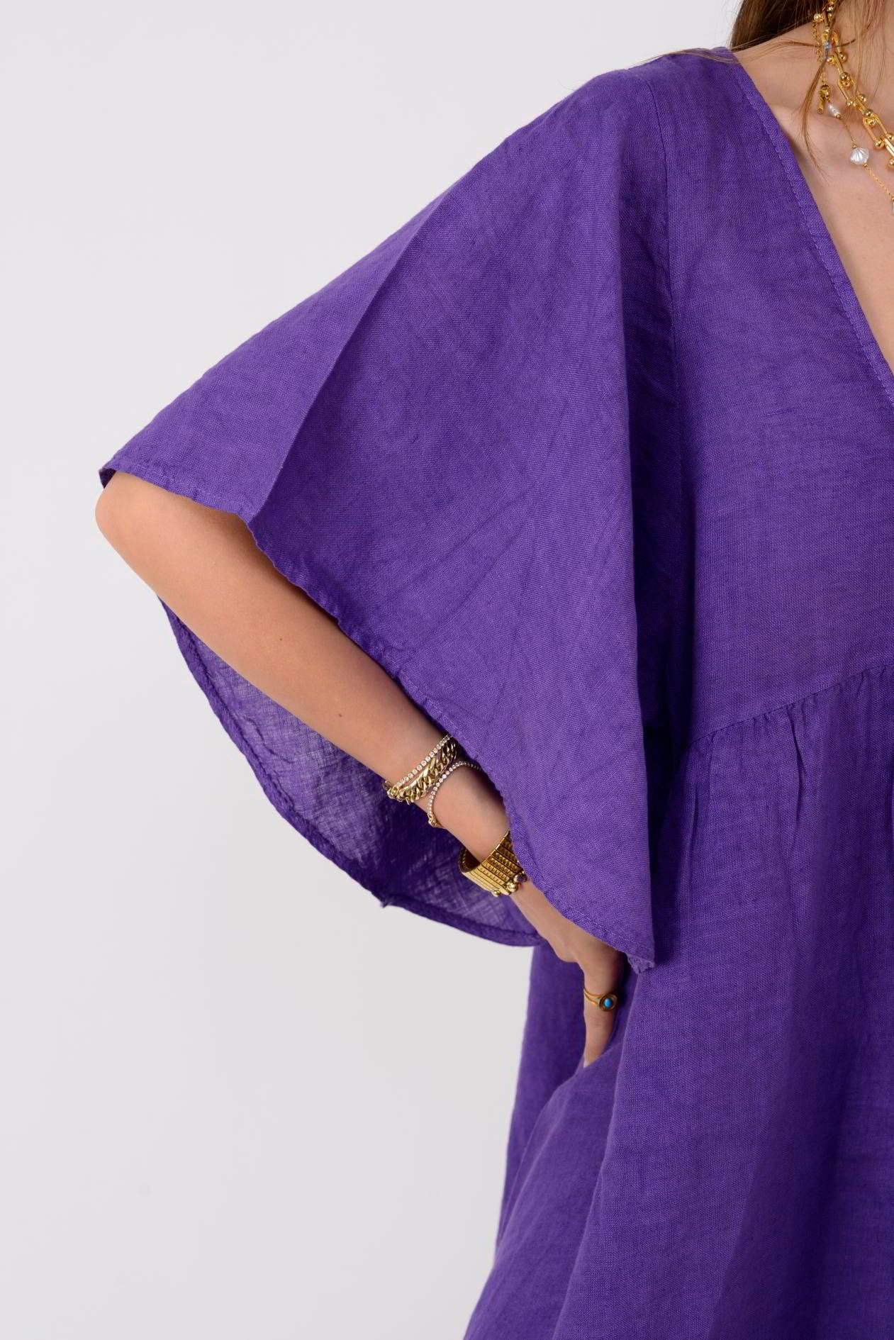 72111 BELLA ASİMETRİK KETEN ELBİSE