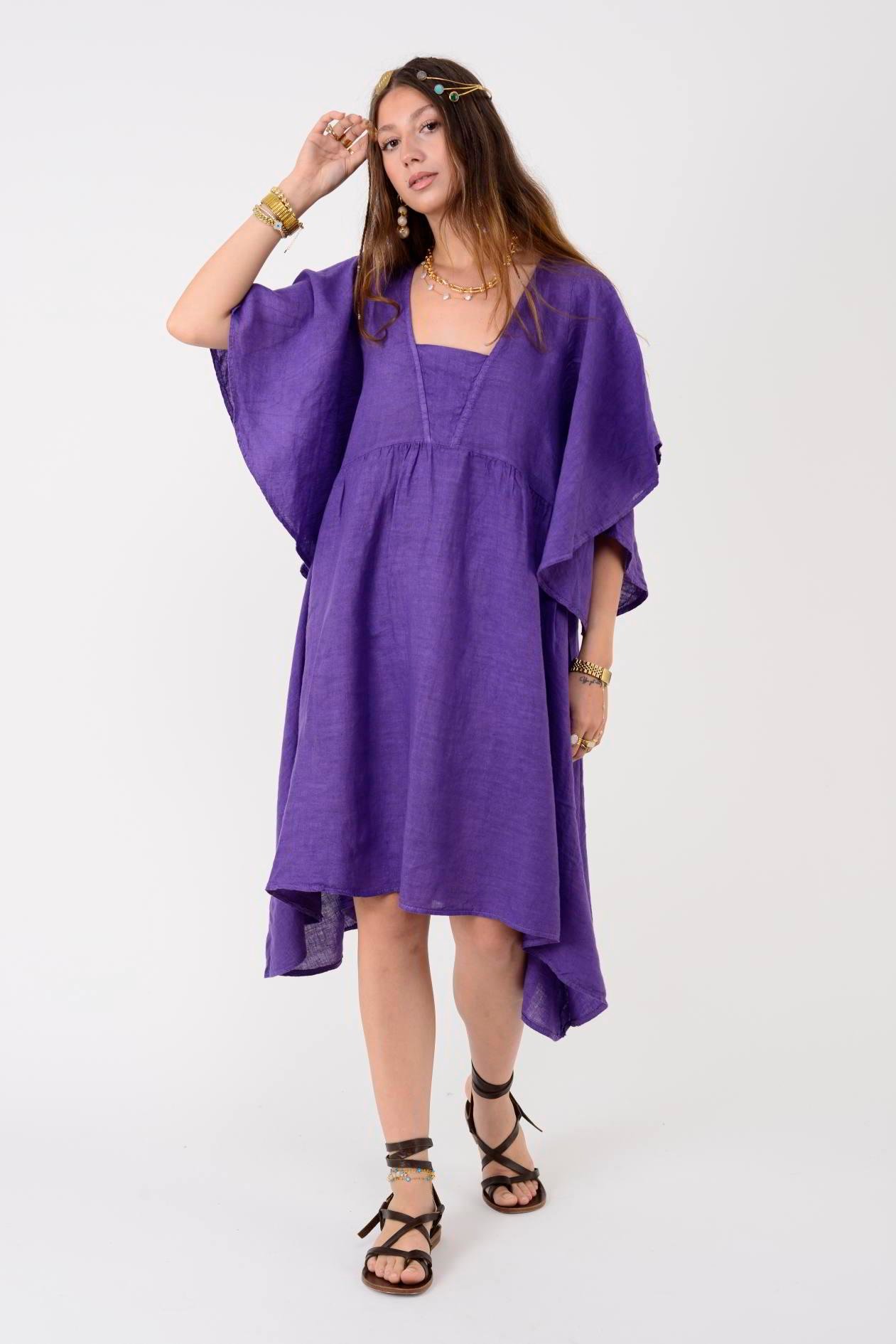 72111 BELLA ASİMETRİK KETEN ELBİSE