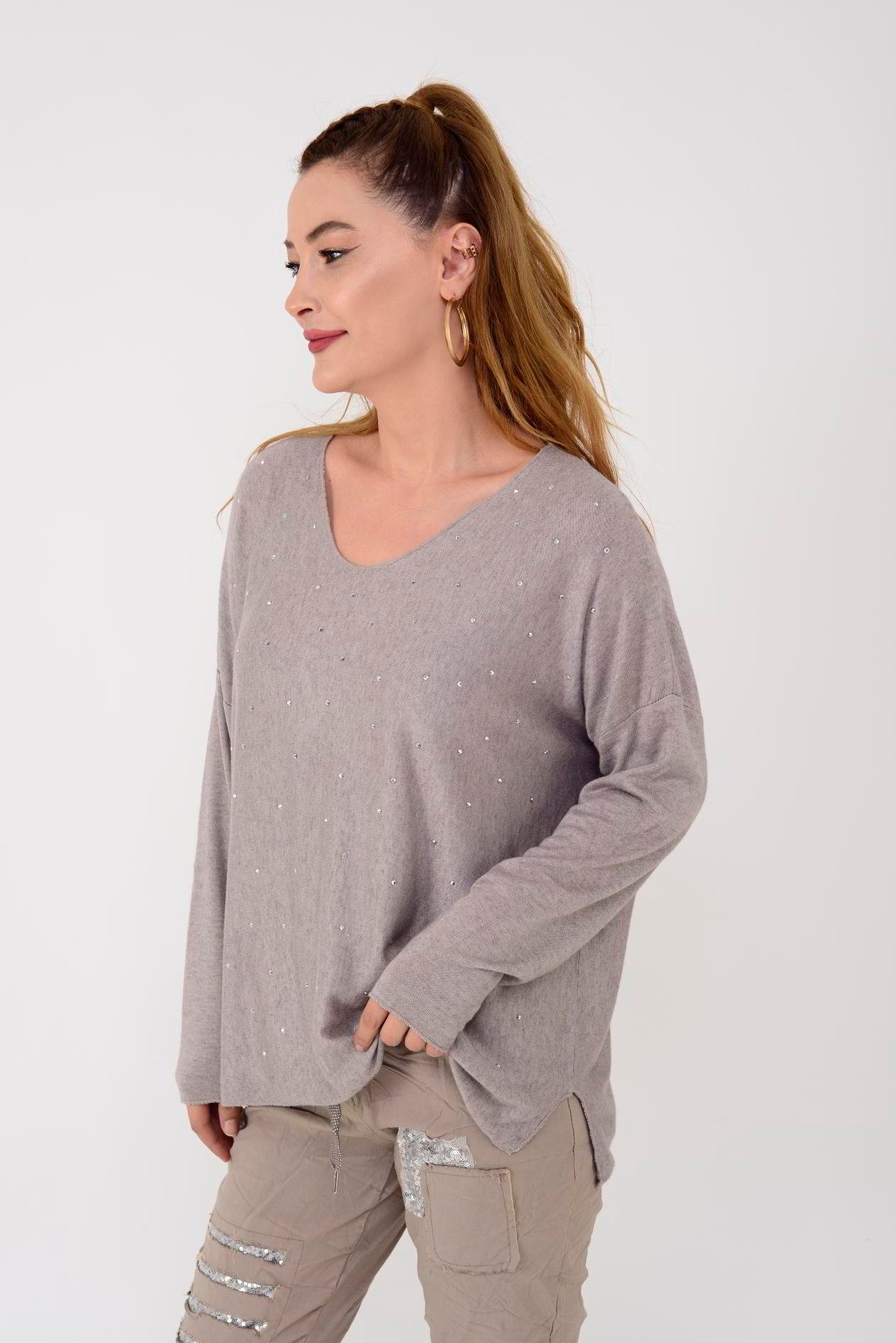 72130 TAŞ DETAYLI V YAKA İNCE TRİKO BLUZ