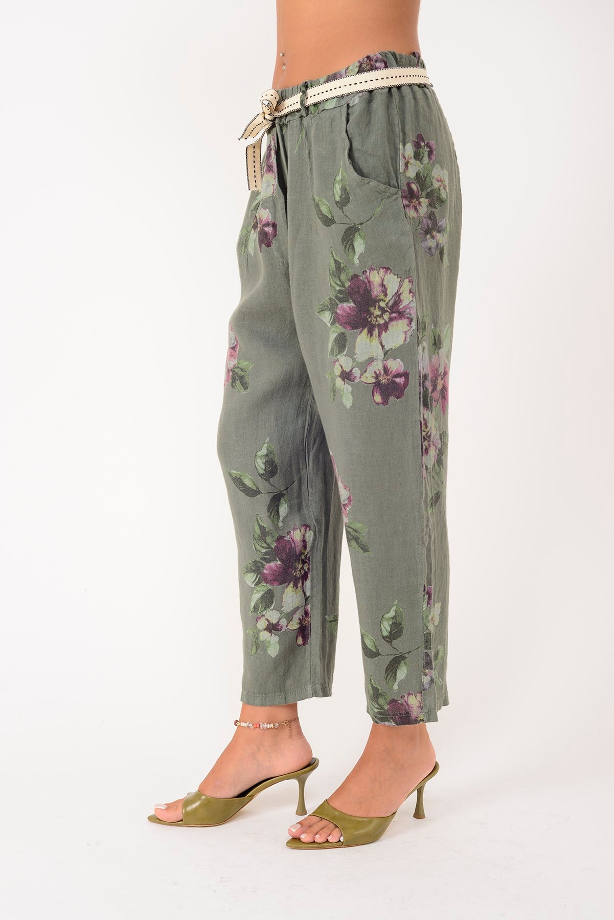 7232 KEMER DETAYLI ÇİÇEK DESEN HAVUÇ KETEN PANTOLON