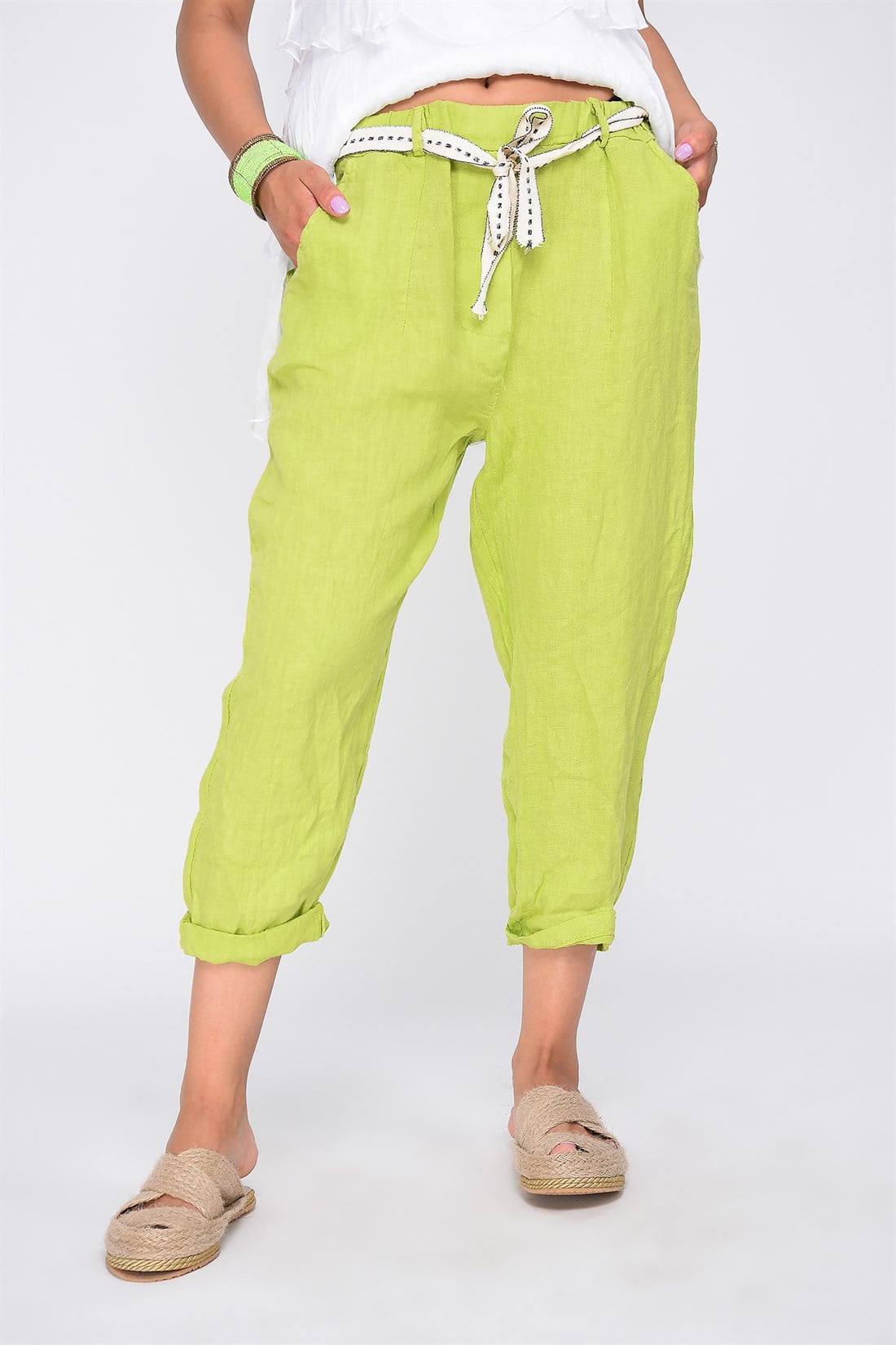 7232 KEMERLİ DÜZ KETEN PANTALON