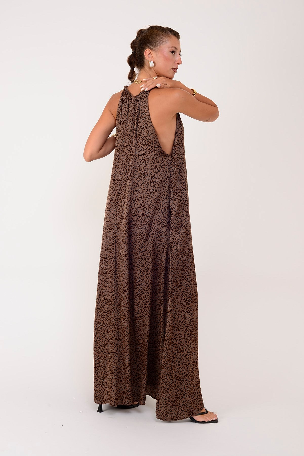 72466 LEOPAR DESEN SIRT DETAYLI V YAKA ELBİSE