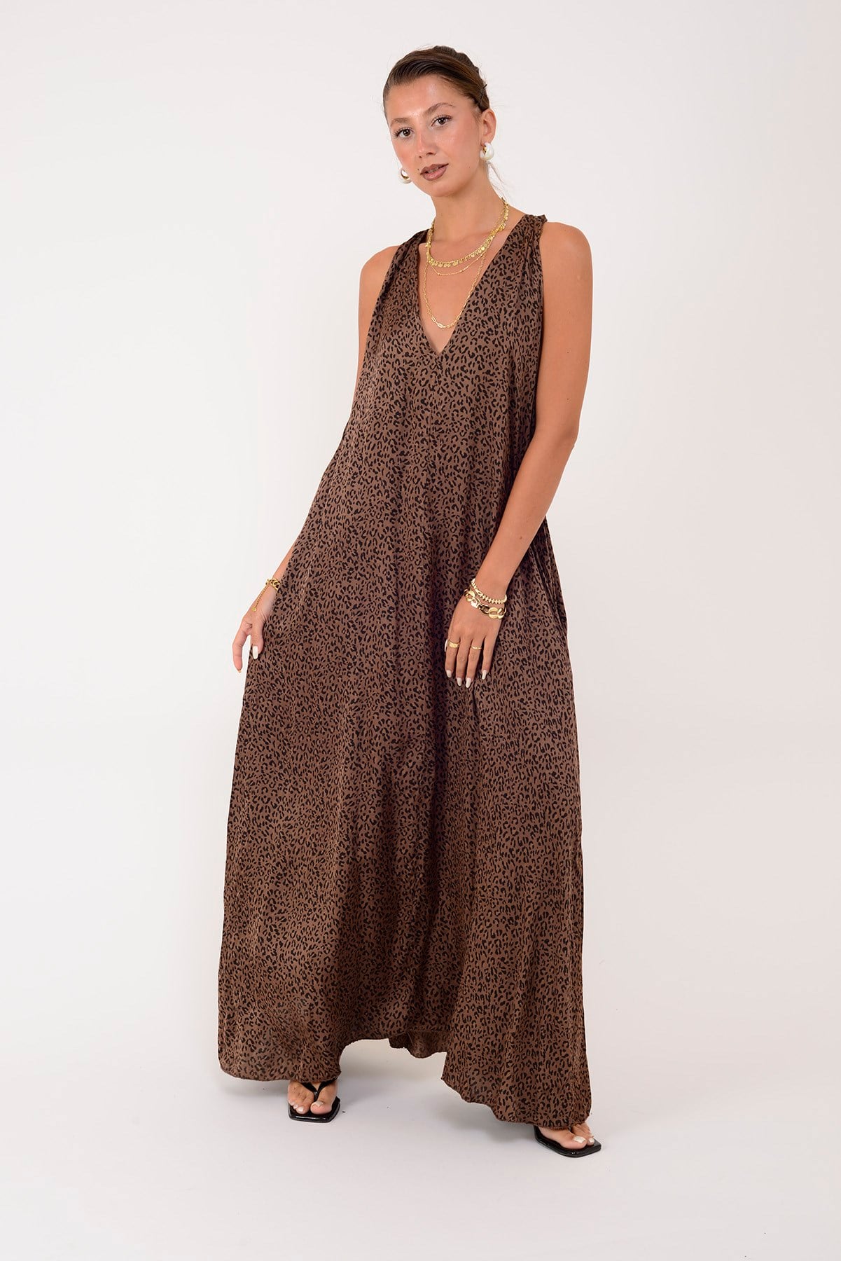 72466 LEOPAR DESEN SIRT DETAYLI V YAKA ELBİSE