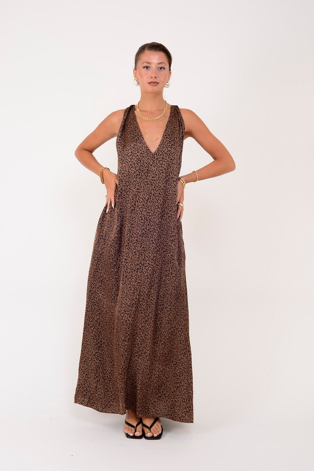72466 LEOPAR DESEN SIRT DETAYLI V YAKA ELBİSE