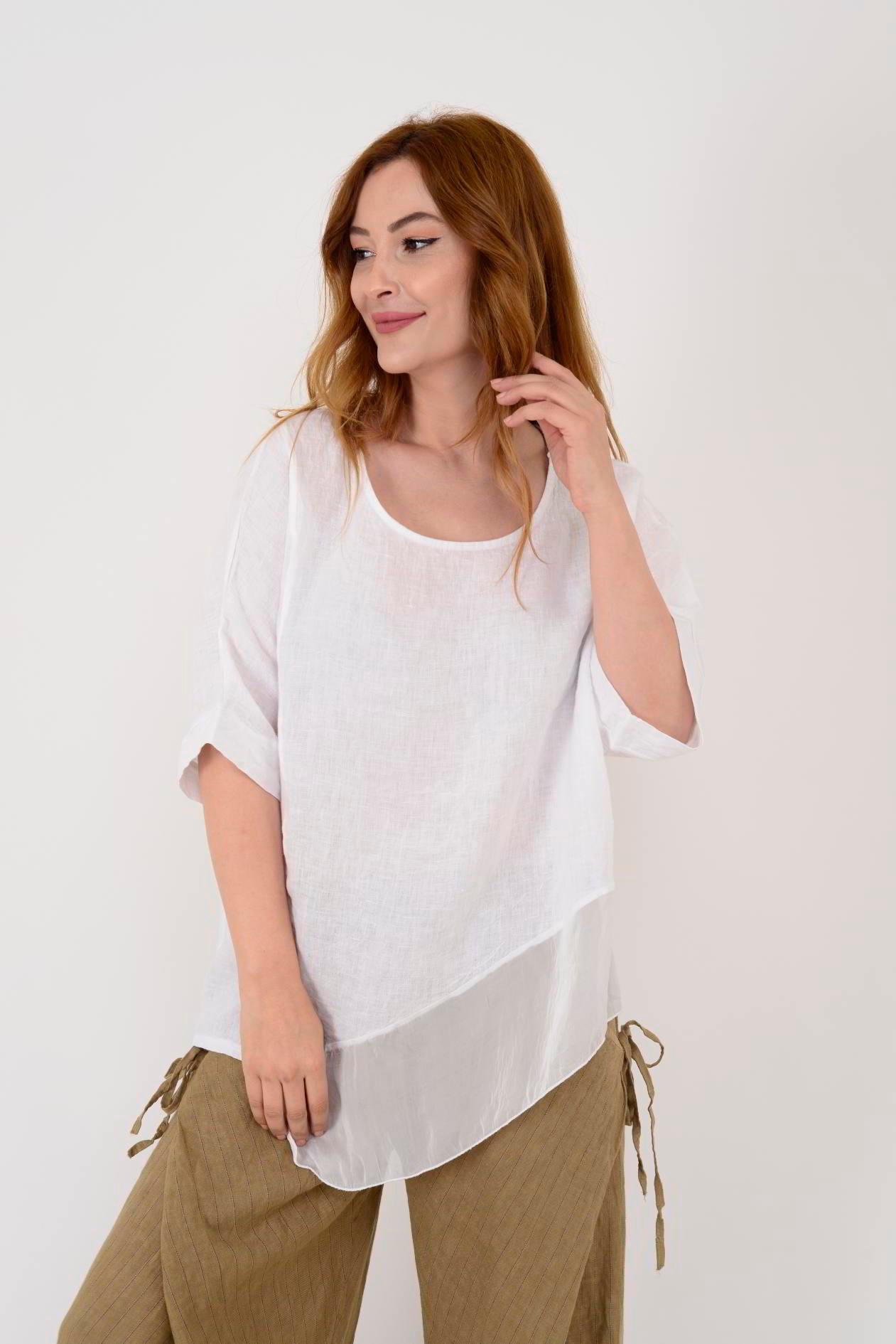 72551 ASİMETRİK İPEK DETAYLI KETEN BLUZ
