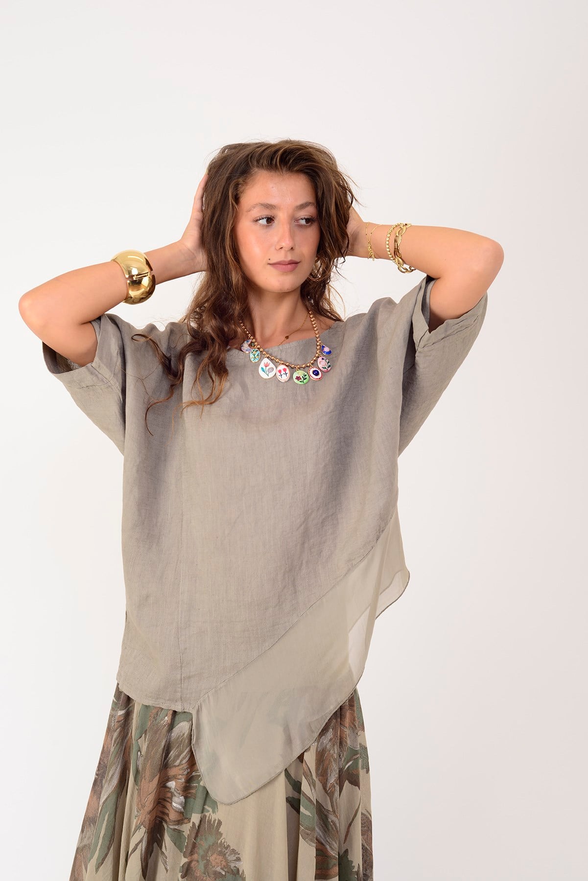 72551 İPEK DETAYLI ASİMETRİK KETEN BLUZ