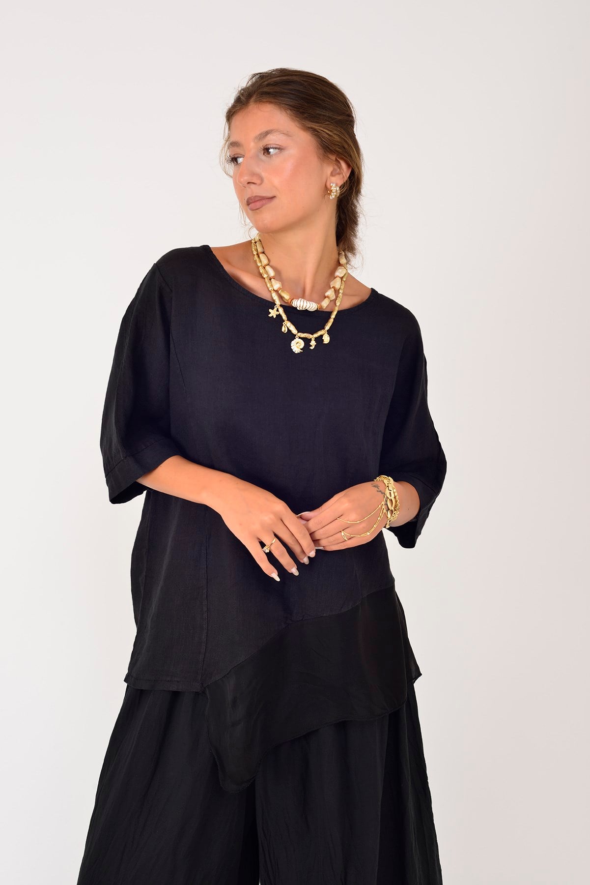 72551 İPEK DETAYLI ASİMETRİK KETEN BLUZ