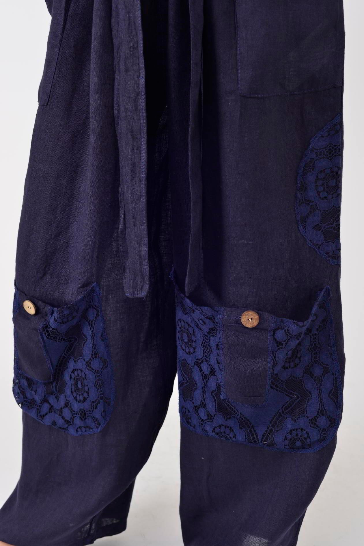 7321 DANTELM DETAYLI KEMERLİ KETEN PANTOLON