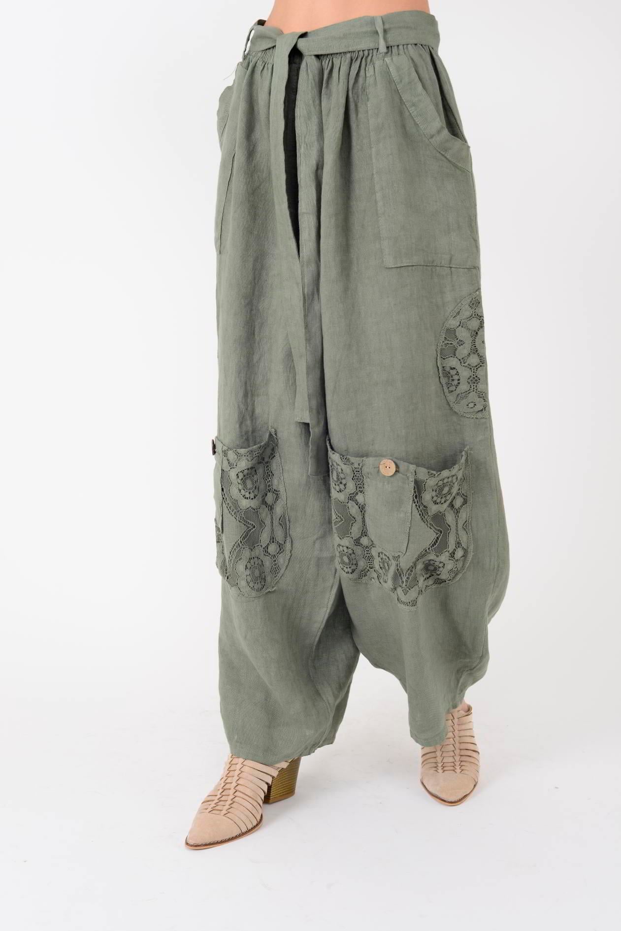 7321 DANTELM DETAYLI KEMERLİ KETEN PANTOLON