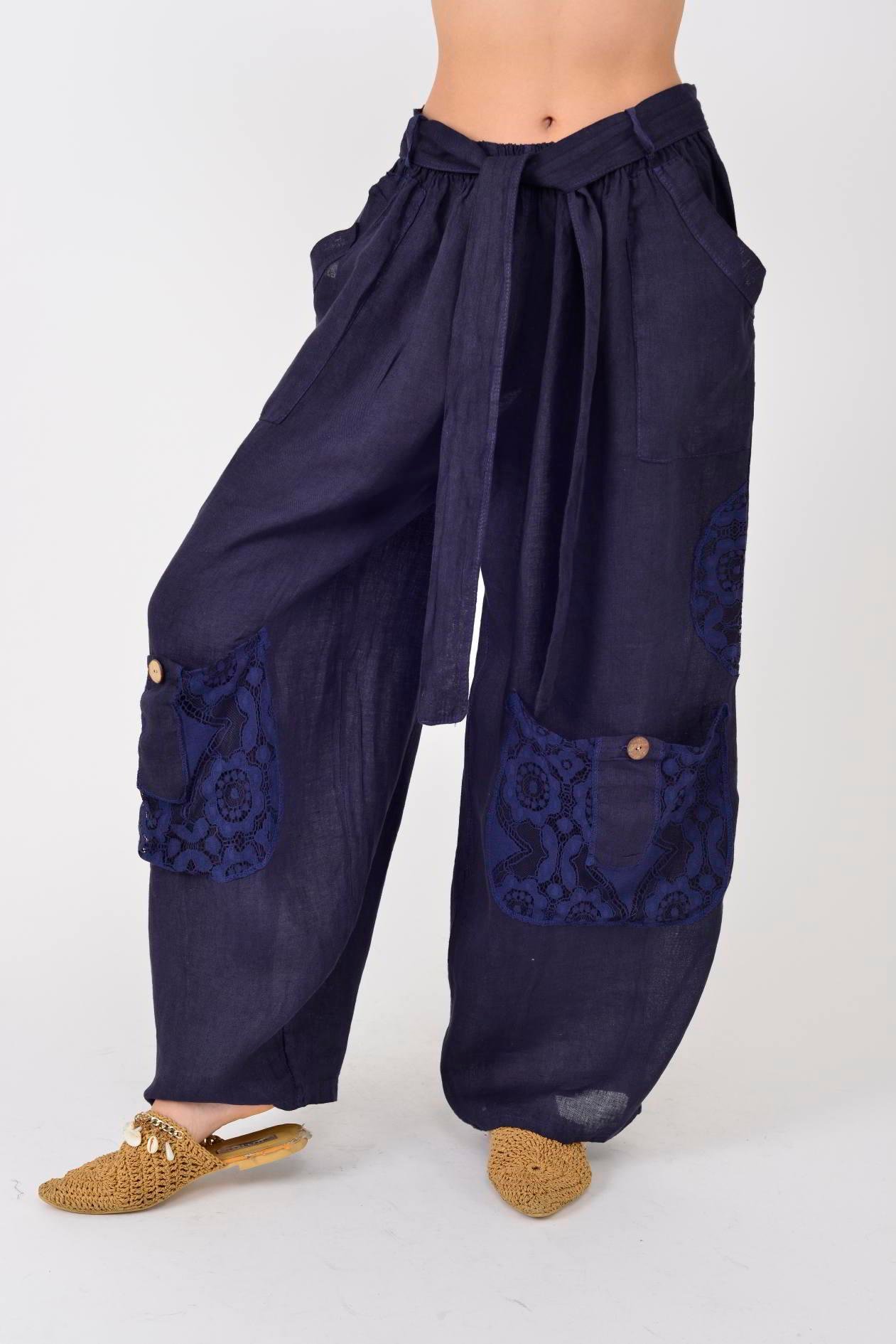 7321 DANTELM DETAYLI KEMERLİ KETEN PANTOLON