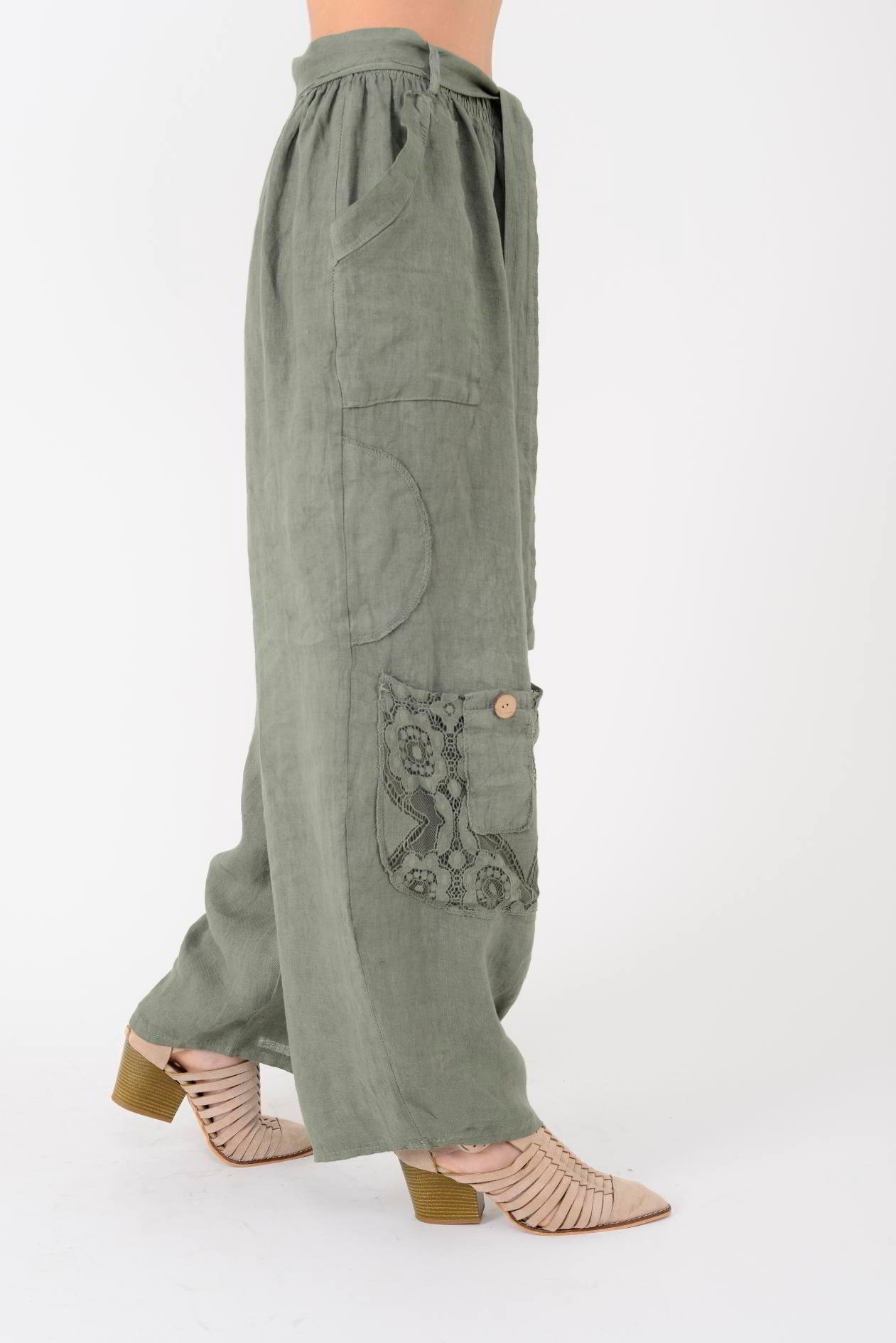 7321 DANTELM DETAYLI KEMERLİ KETEN PANTOLON