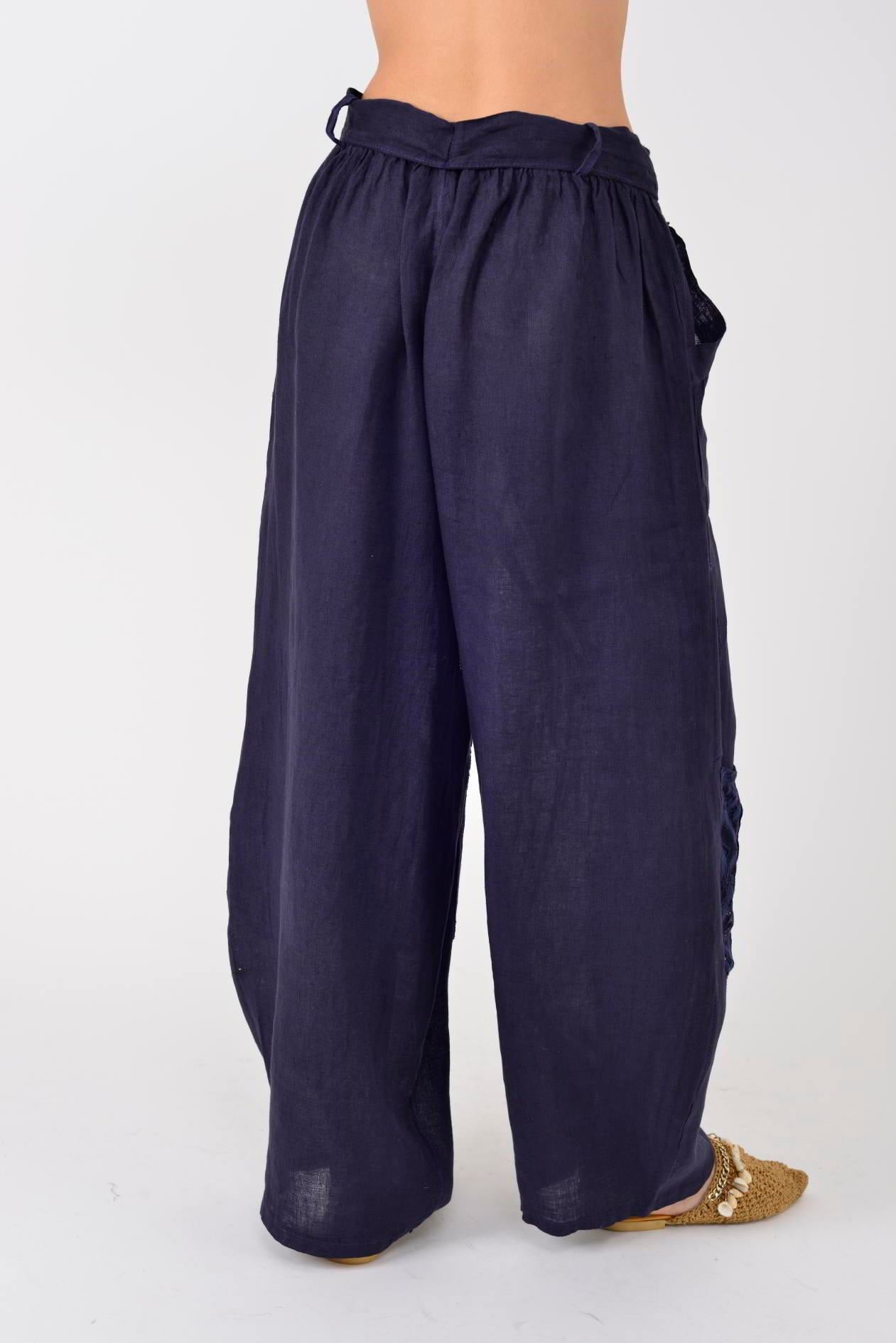 7321 DANTELM DETAYLI KEMERLİ KETEN PANTOLON