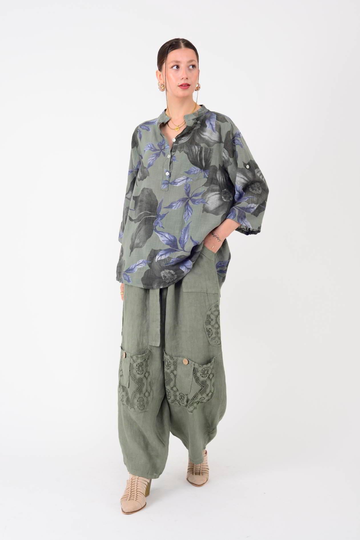 7321 DANTELM DETAYLI KEMERLİ KETEN PANTOLON