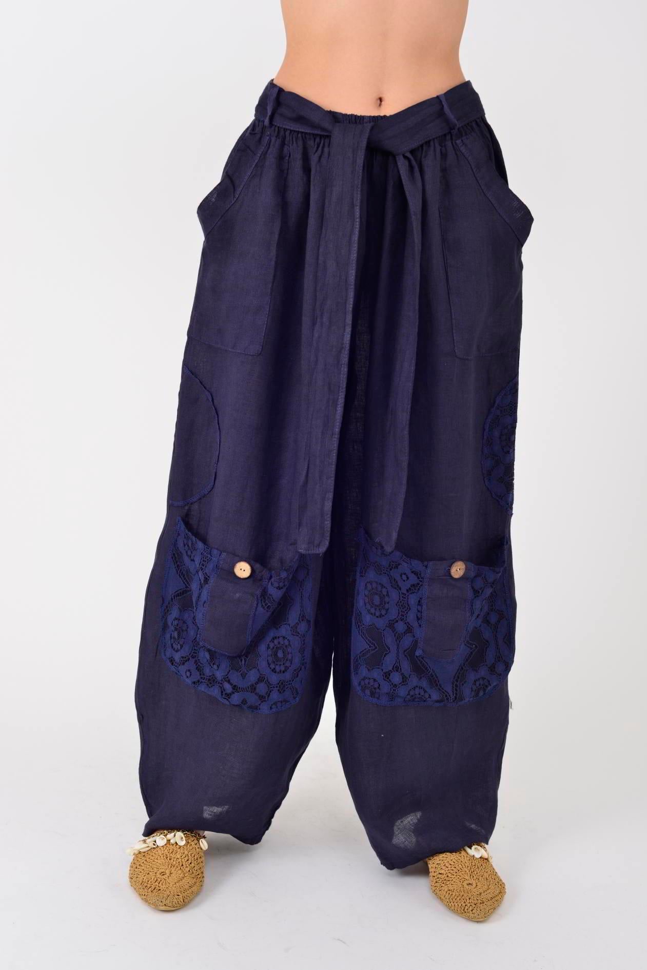 7321 DANTELM DETAYLI KEMERLİ KETEN PANTOLON